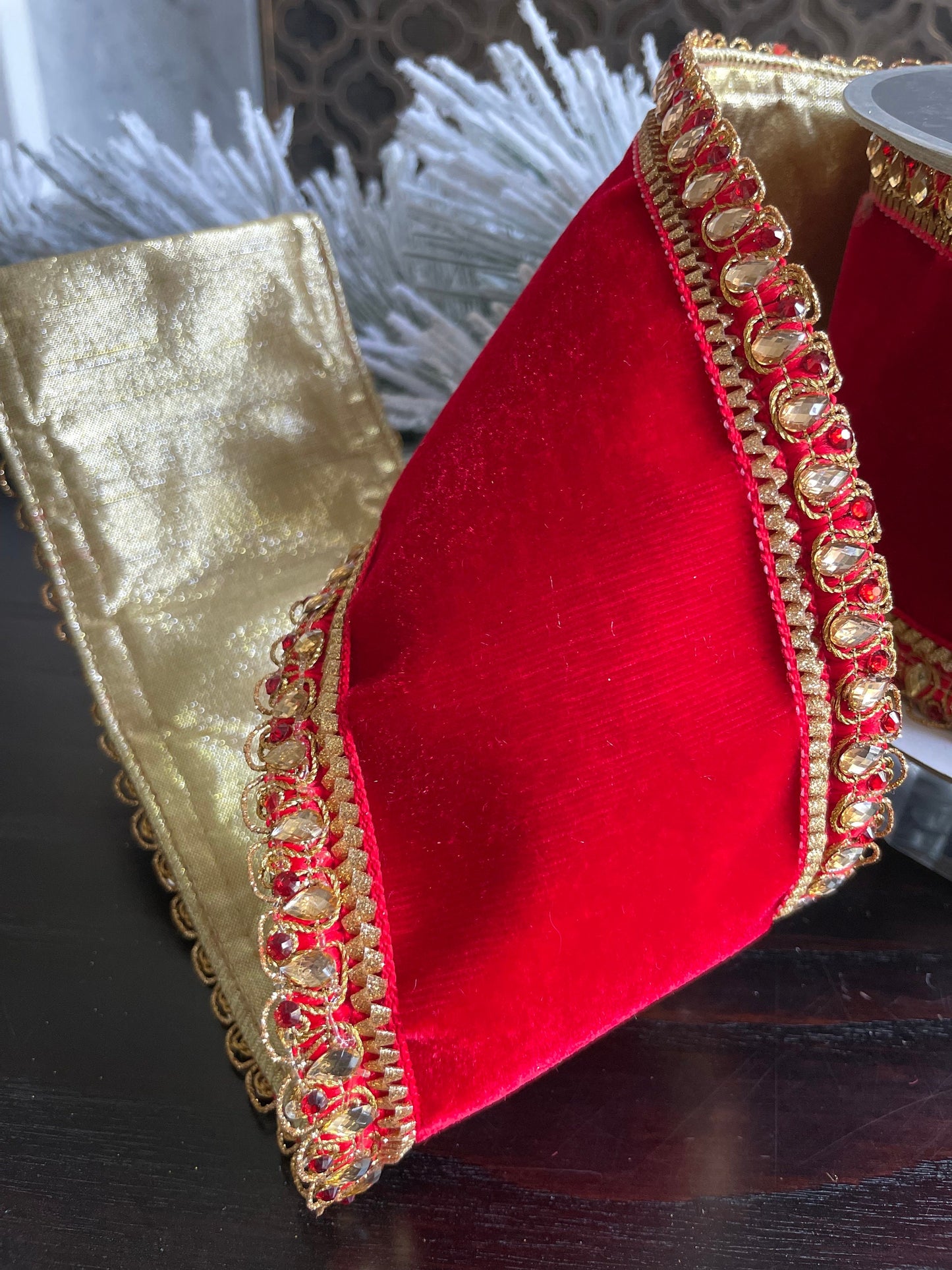 4” x 5 yds. Velvet King Edward red. Jeweled. Wired. Farrisilk.*