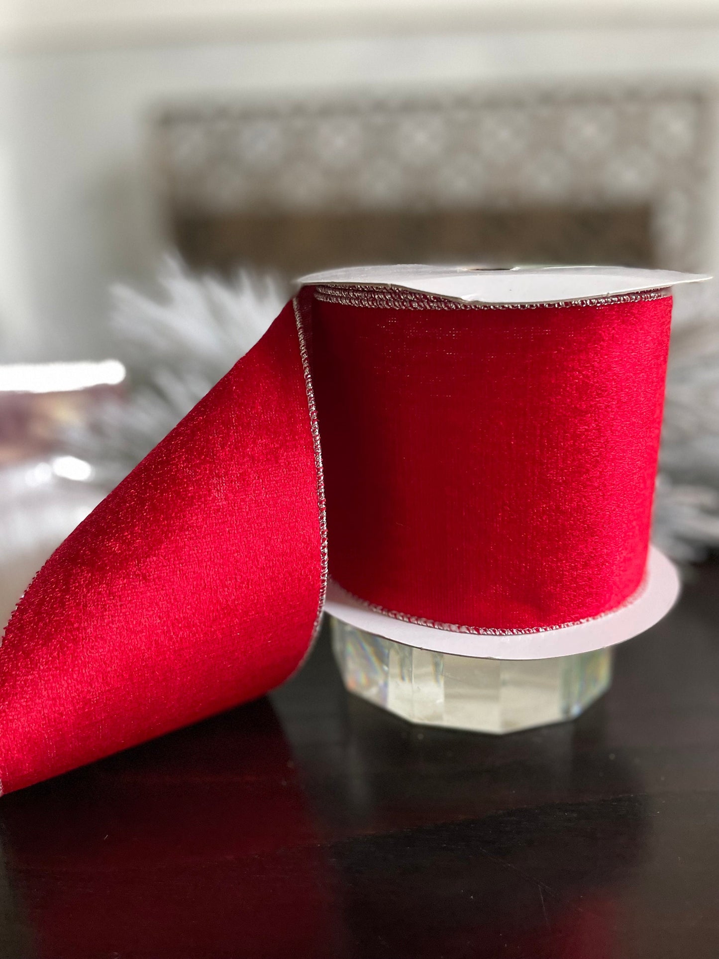 4” x 10 yds. Red velvet and silver back ribbon. Wired. Regency.
