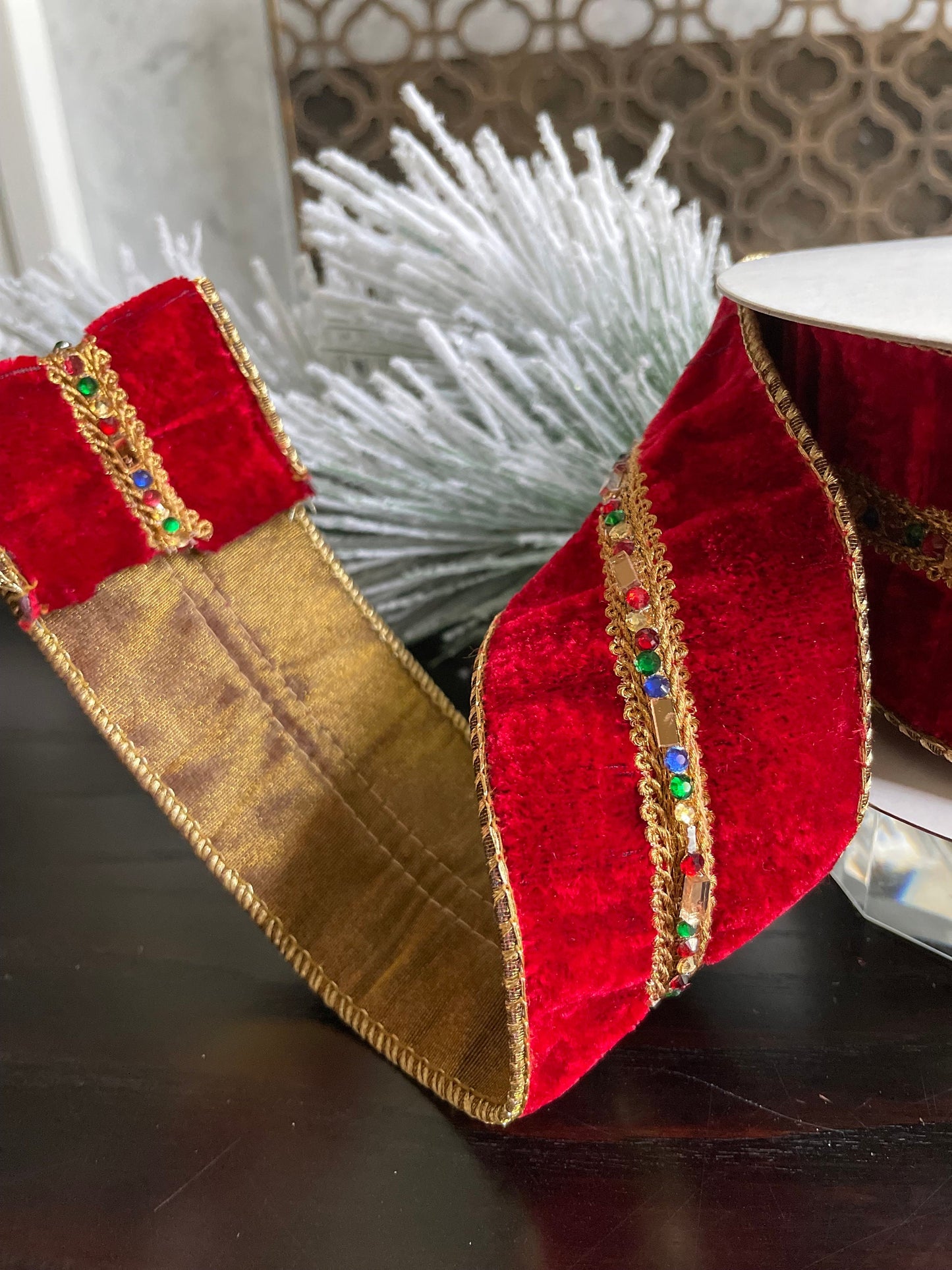 2.5” x 5 yds. Designer diamond jewel trim velvet ribbon. Wired. Regency. Gorgeous!*