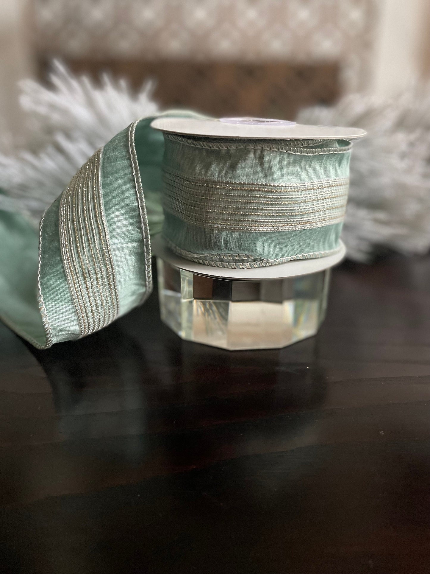 2.5” x 5 yds Designer aqua and light gold stripe trim dupion ribbon. Wired. Regency.