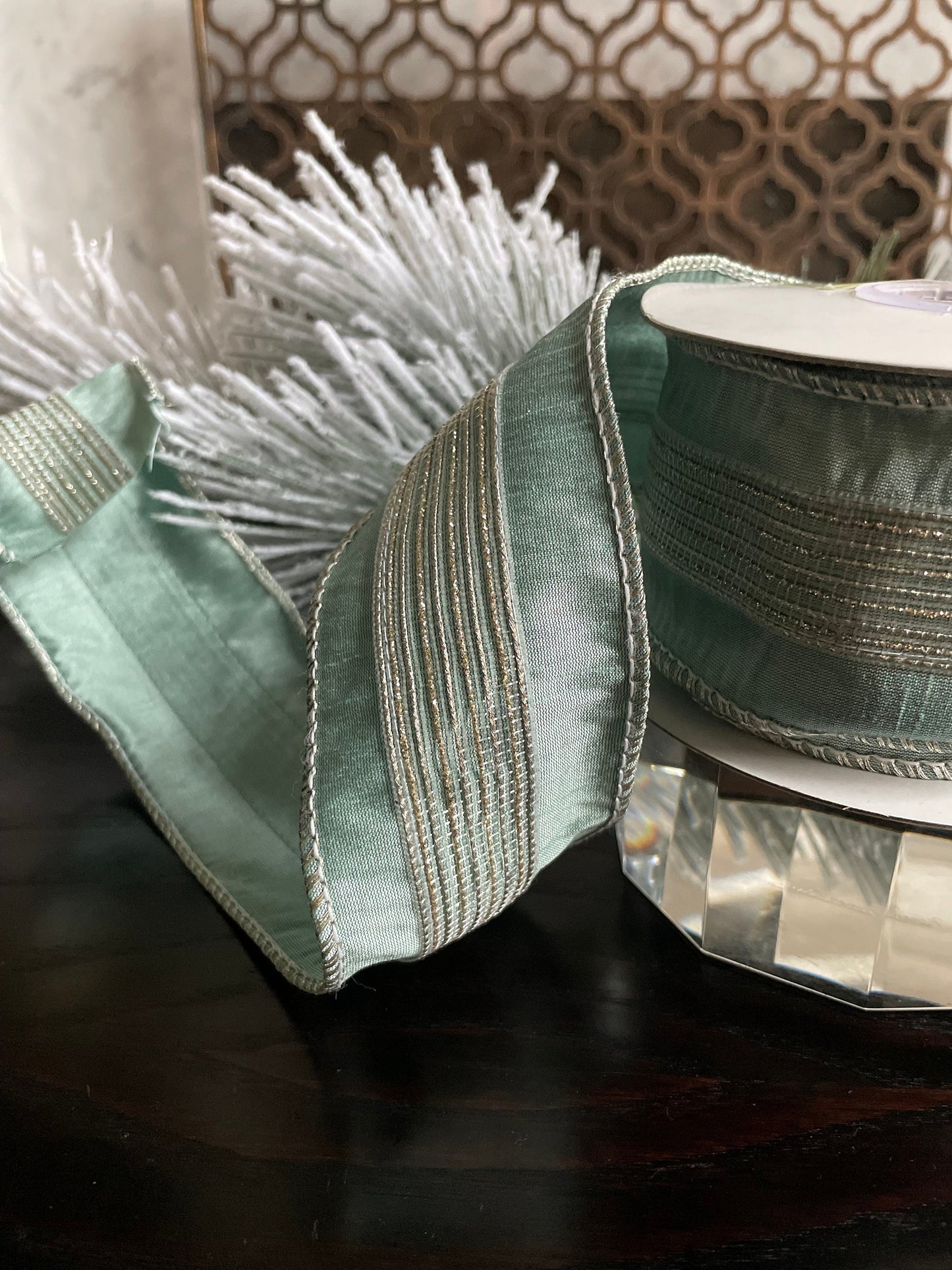 2.5” x 5 yds Designer aqua and light gold stripe trim dupion ribbon. Wired. Regency.