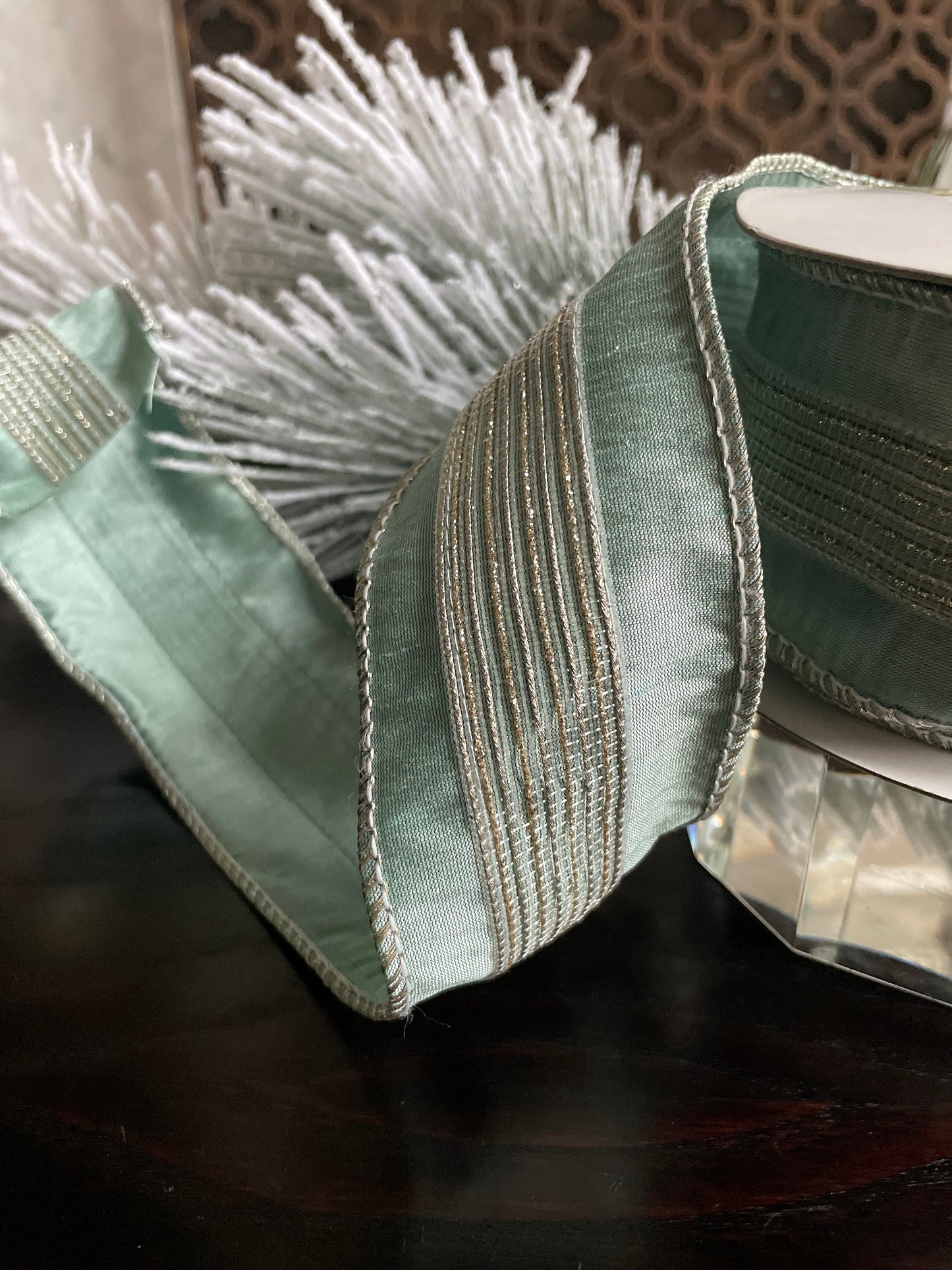 2.5” x 5 yds Designer aqua and light gold stripe trim dupion ribbon. Wired. Regency.