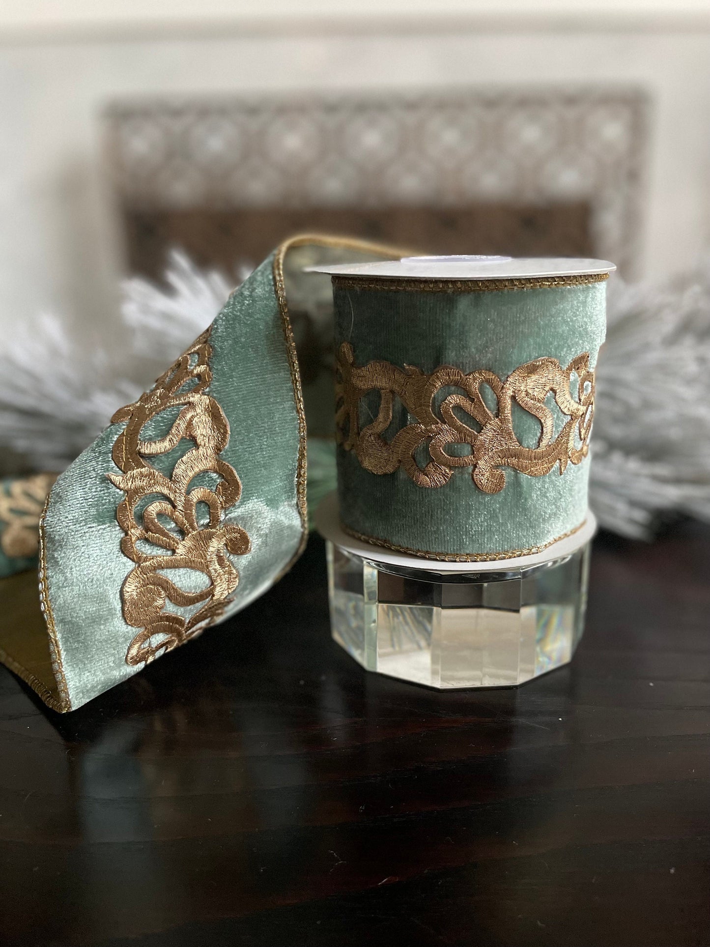 4” x 5 yds. Designer aqua and gold laser cut trim velour/ tissue ribbon. Wired. Regency.