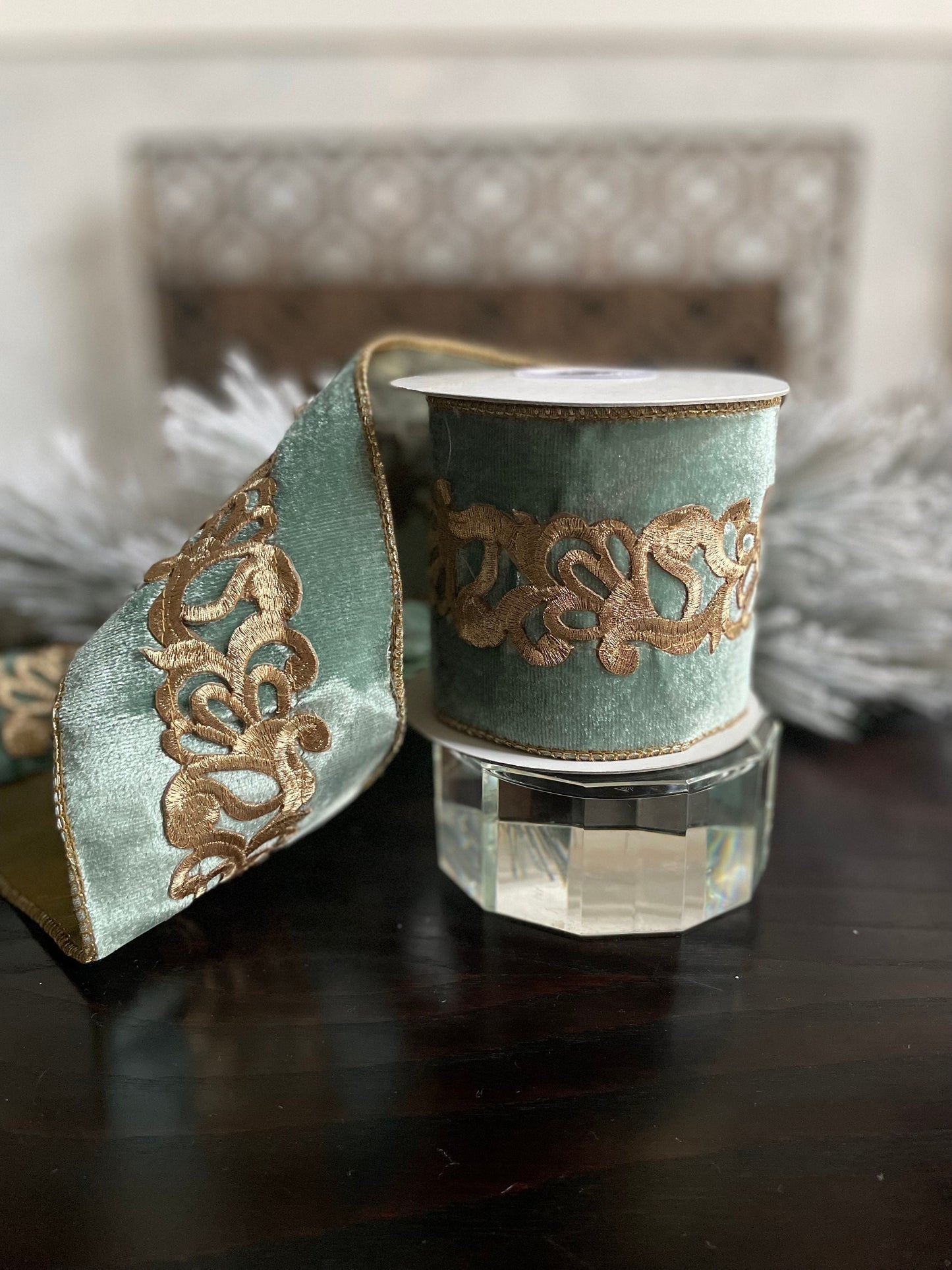 4” x 5 yds. Designer aqua and gold laser cut trim velour/ tissue ribbon. Wired. Regency.