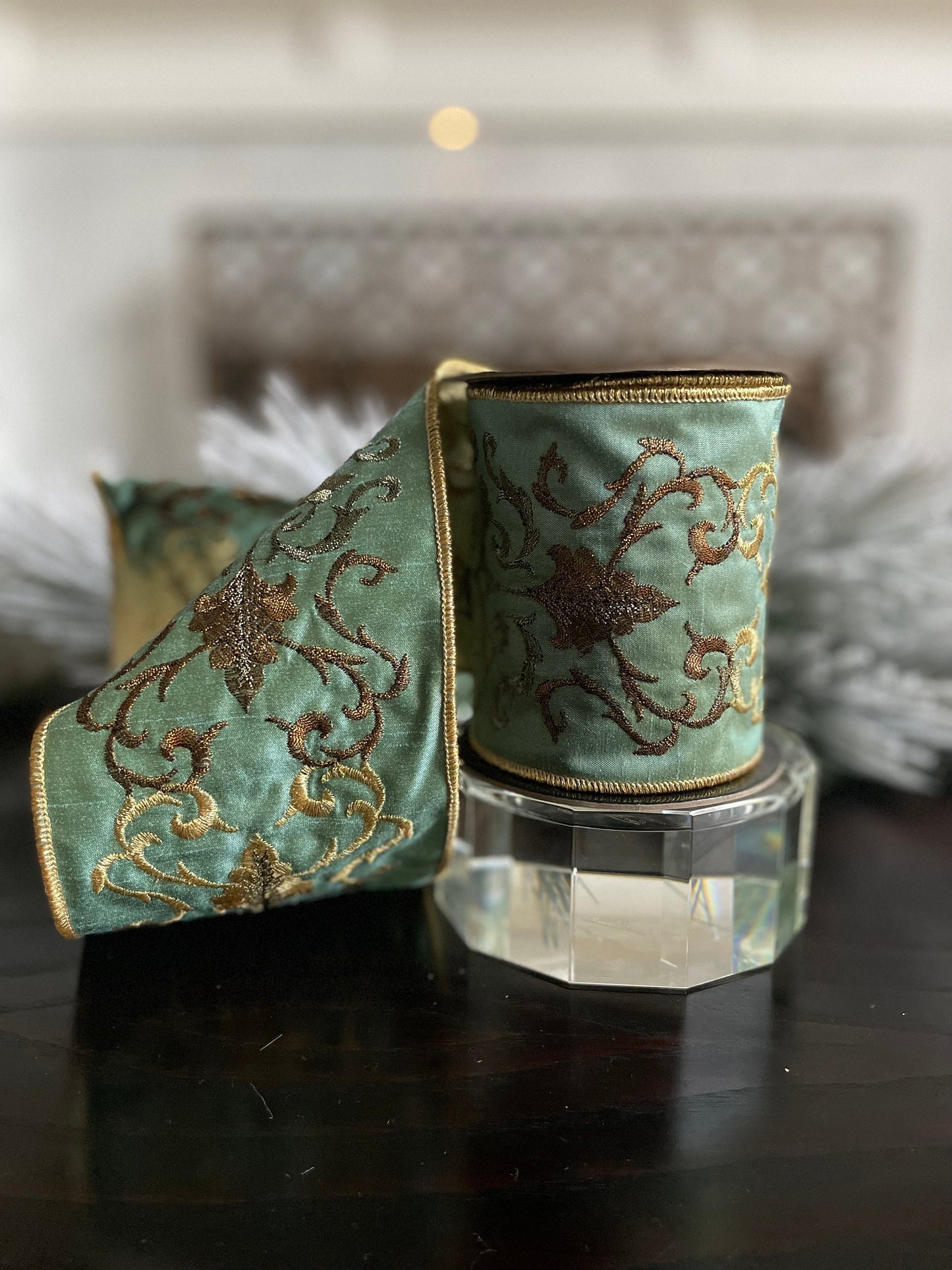 4” x 5 yds. Designer aqua and gold embroidered leaf filigree ribbon. Wired. Regency.