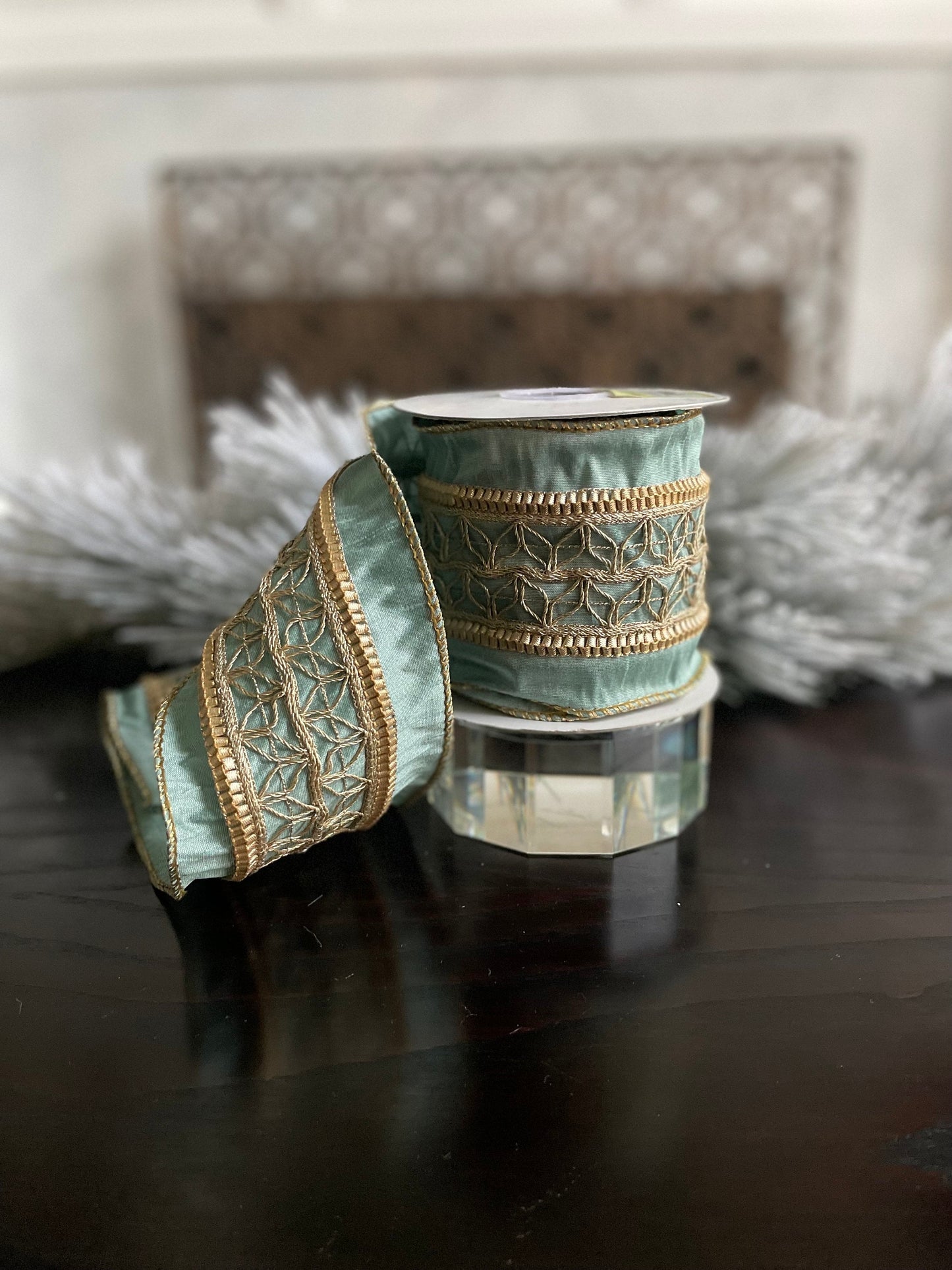 4” x 5 yds. Designer aqua and metallic gold trim dupion ribbon. Wired. Regency.