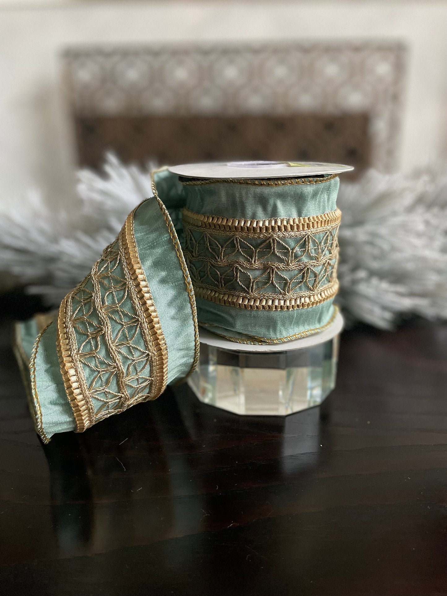 4” x 5 yds. Designer aqua and metallic gold trim dupion ribbon. Wired. Regency.