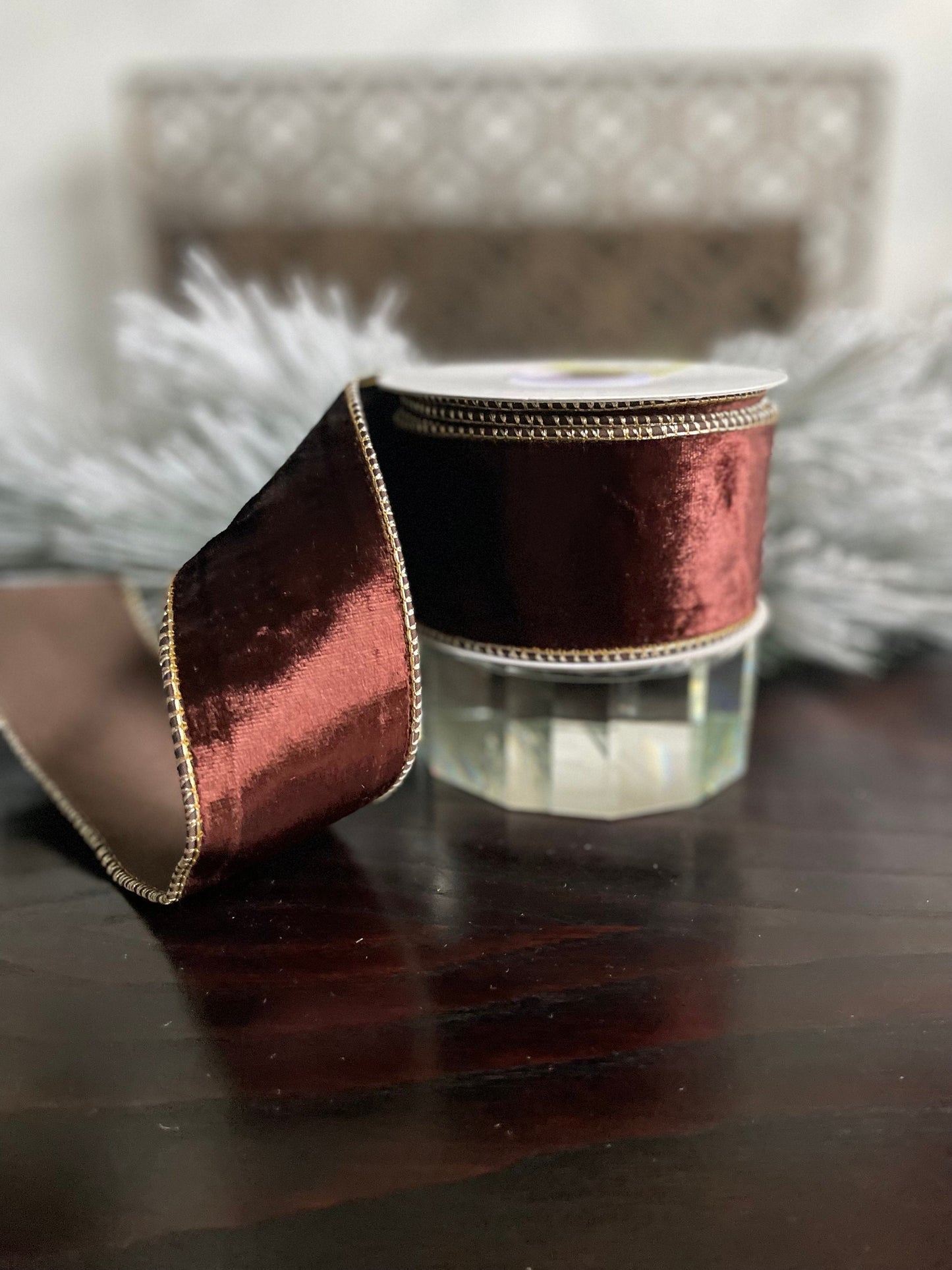 2.5” x 10 yds. Designer brown smooth velvet and taffeta back ribbon. Wired. Regency.