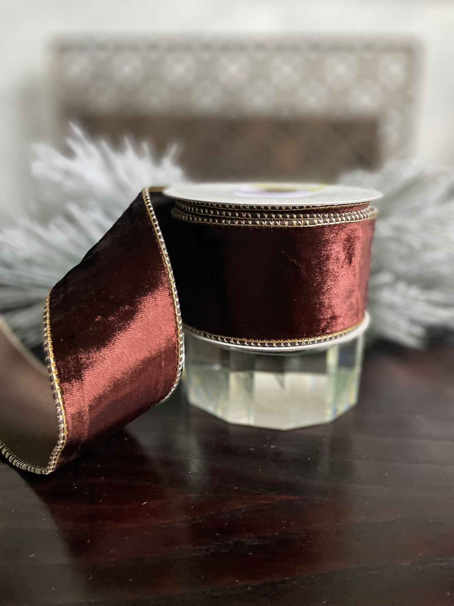 2.5” x 10 yds. Designer brown smooth velvet and taffeta back ribbon. Wired. Regency.