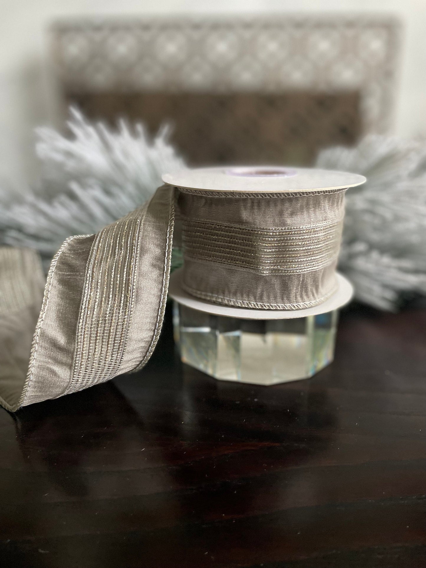 2.5” x 5 yds Designer platinum and light gold stripe trim dupion ribbon. Wired. Regency.
