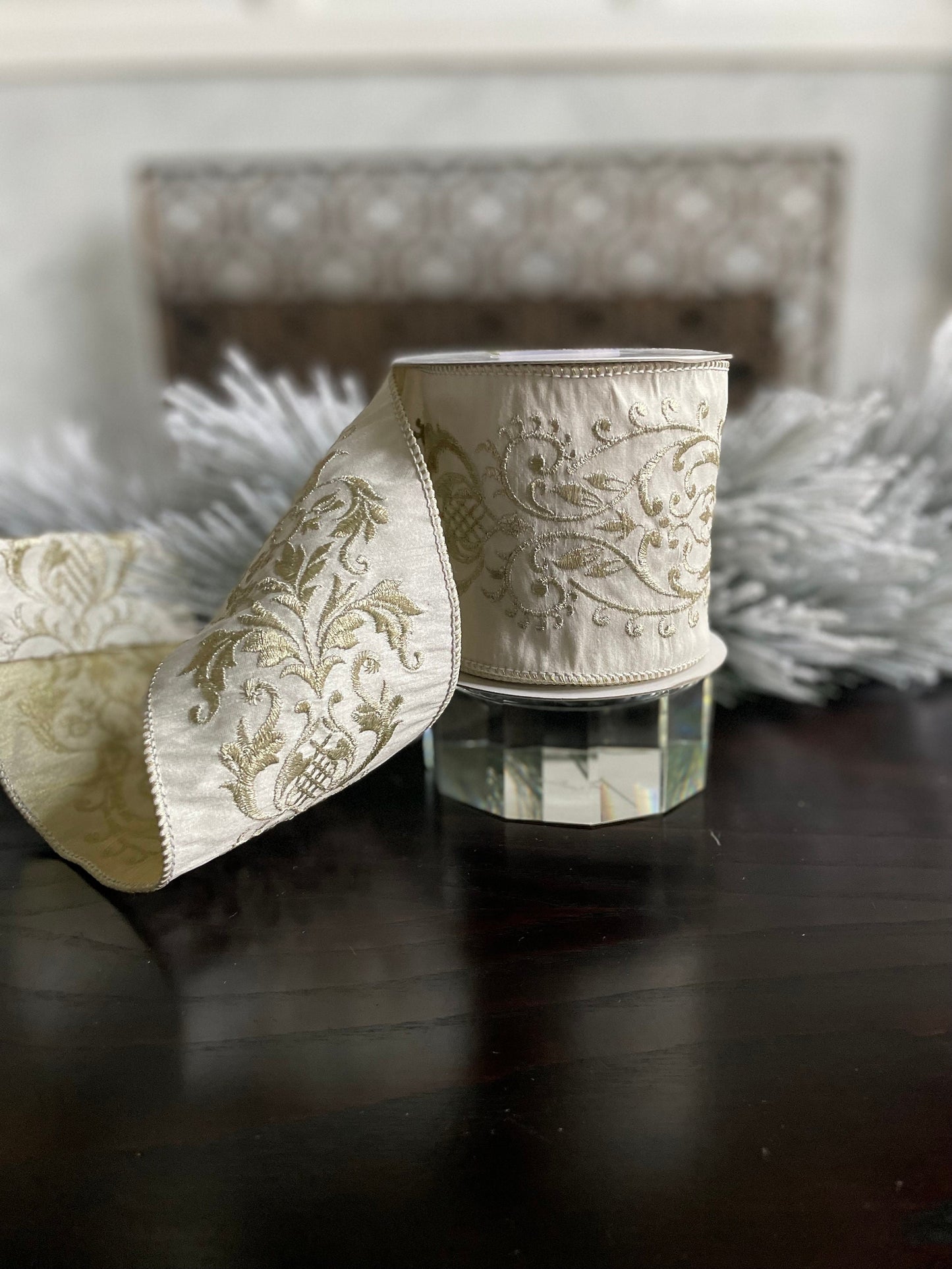 4” x 5 yds. Designer ivory and gold damask embroidered dupion ribbon. Wired. Regency.