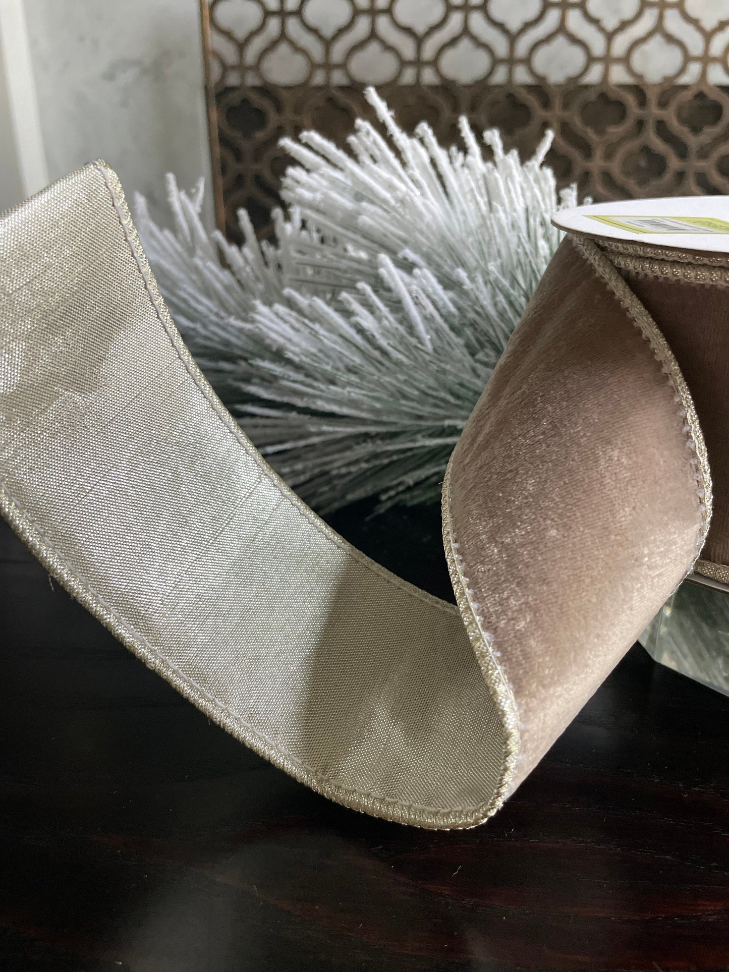 2.5” x 10 yds. Designer platinum crown velvet metallic back ribbon. Wired. Regency.