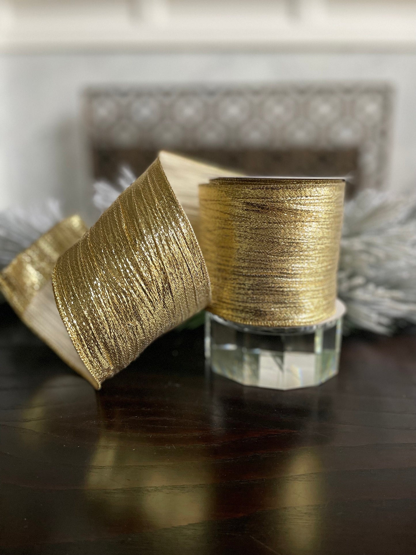 4” x 10 yds. Gold woven guilded metallic ribbon. Wired. Regency.
