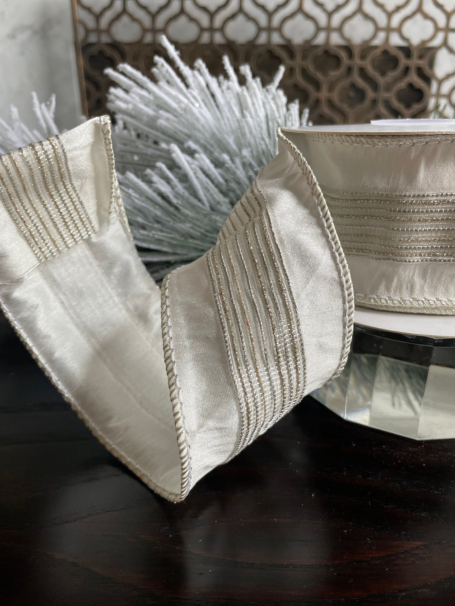 2.5” x 5 yds Designer ivory and light gold stripe trim dupion ribbon. Wired. Regency.