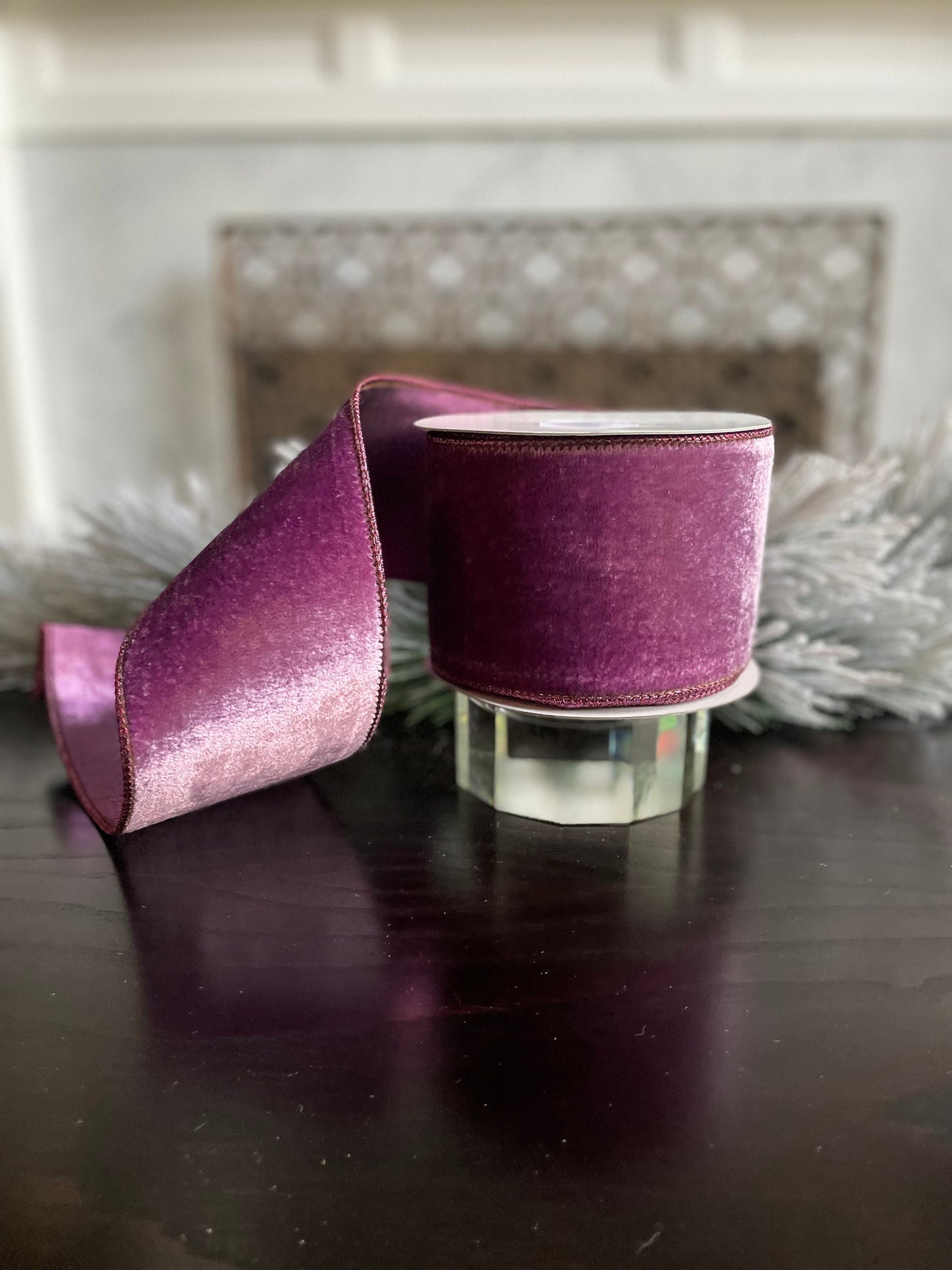 4” x 10 yds. Lavender crown velvet metallic back ribbon. Wired. Regency.