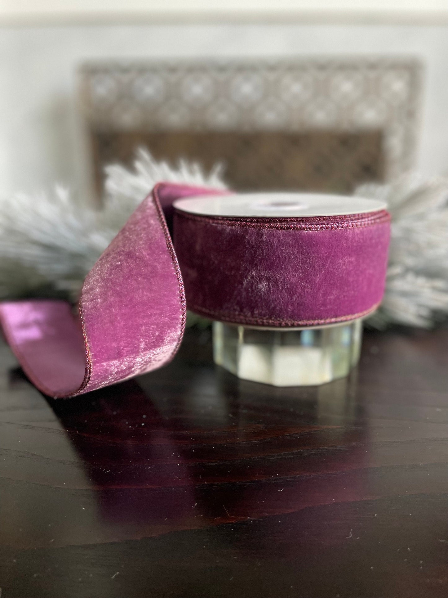 2.5” x 10 yds. Lavender crown velvet metallic back ribbon. Wired. Regency.