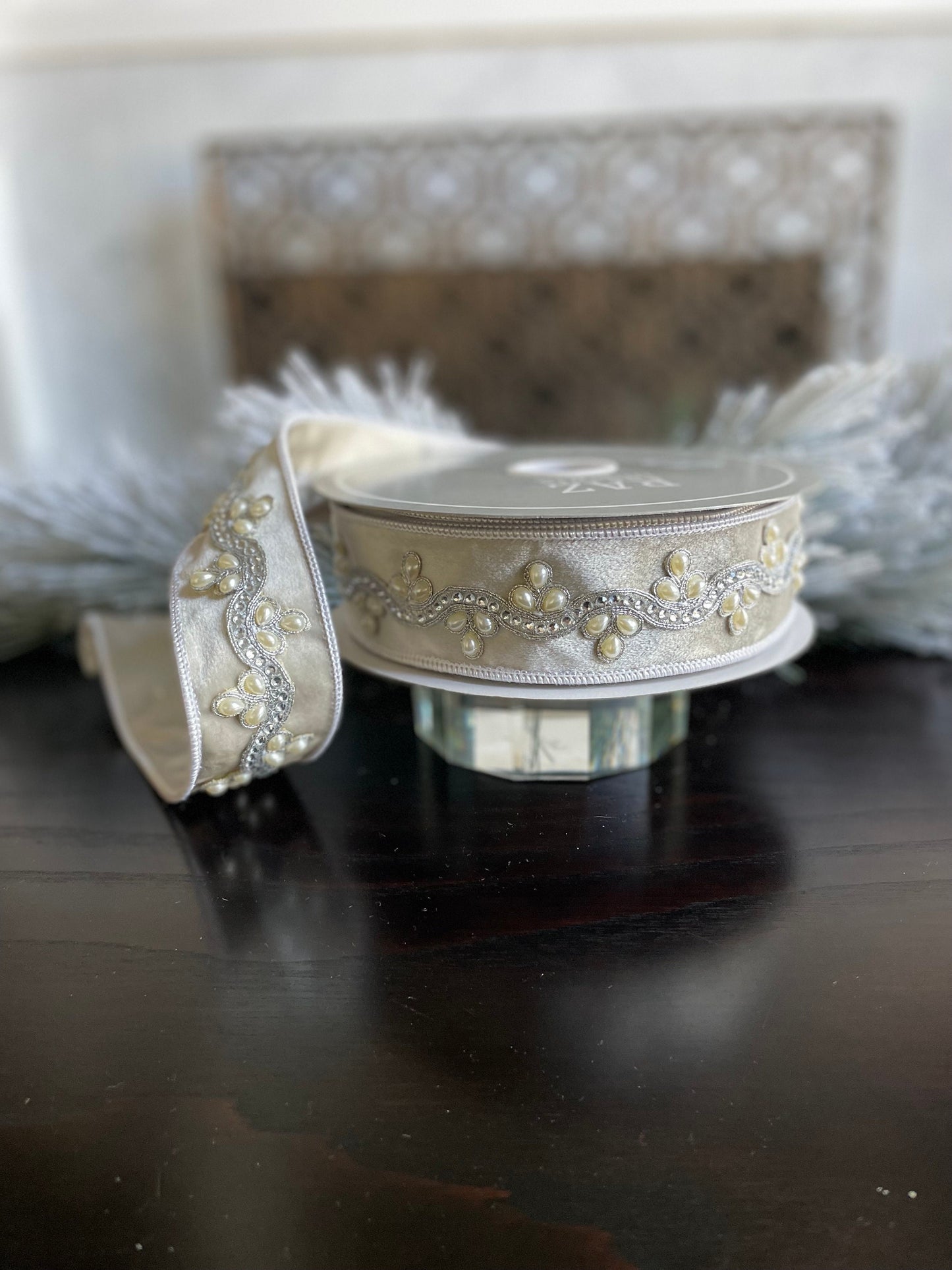 2” x 10 yds. Designer jeweled ivory velvet wired ribbon. Raz.