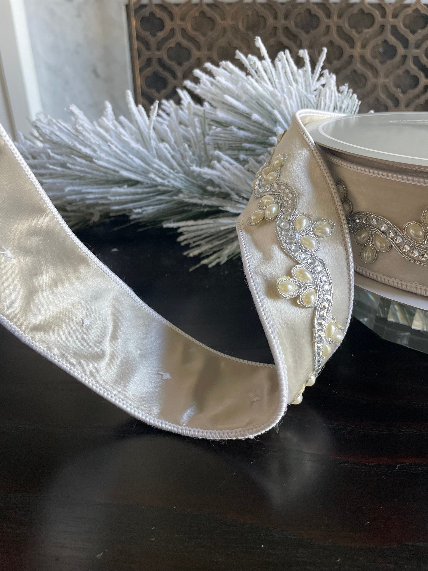 2” x 10 yds. Designer jeweled ivory velvet wired ribbon. Raz.