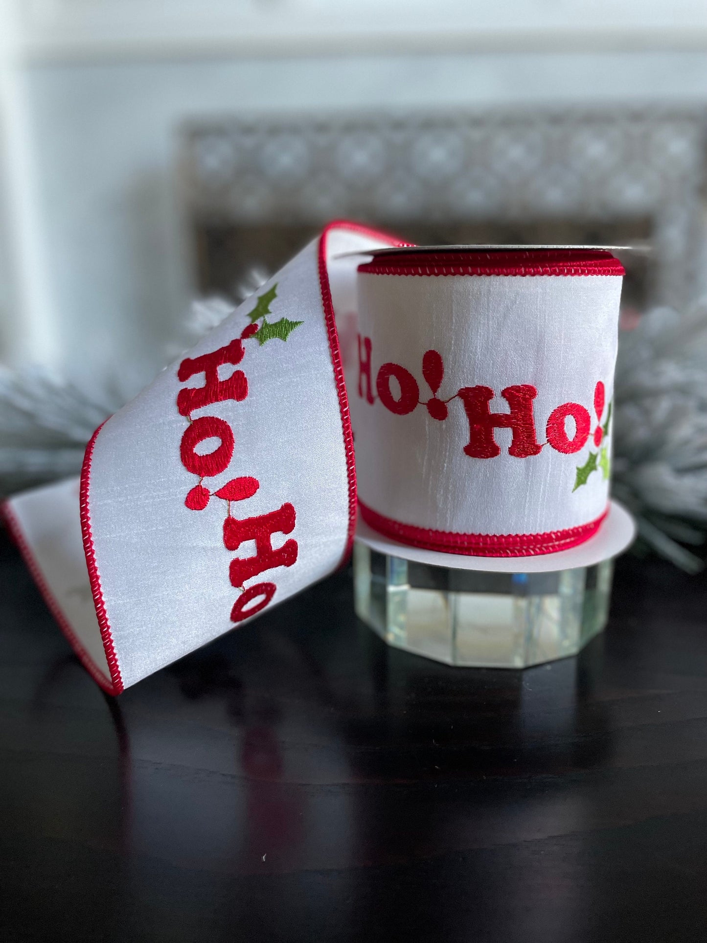 4” X 10 yds Designer Ho ho ho embroidered wired ribbon. Red, white and green. Raz.