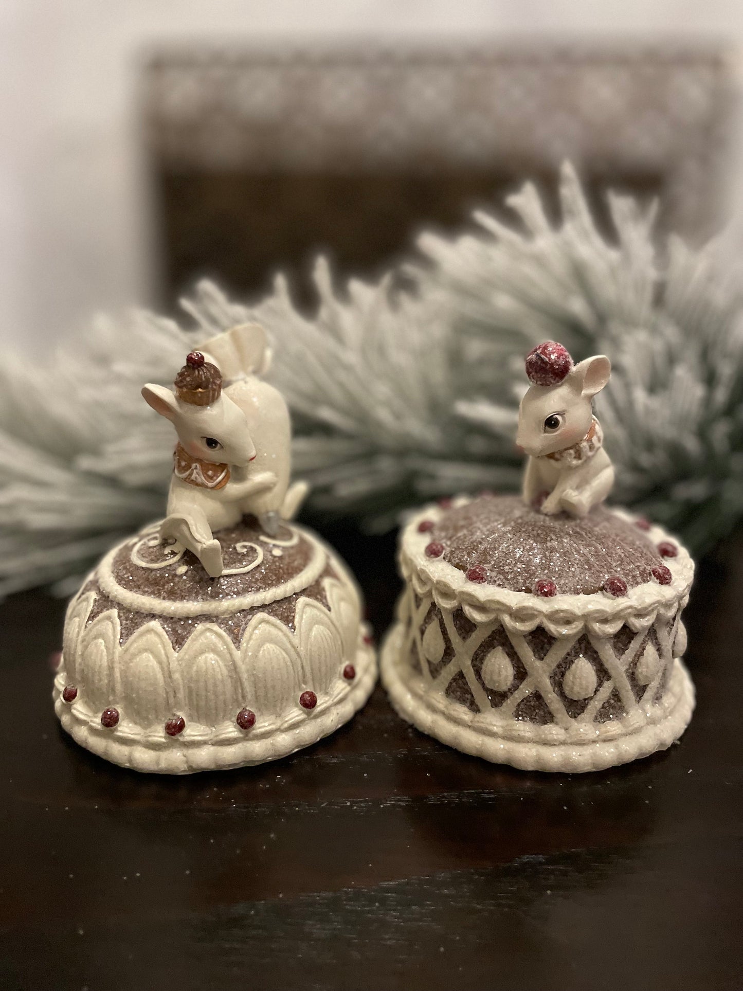 Set of 2. 4.5” resin mouse on gingerbread cake figurines.