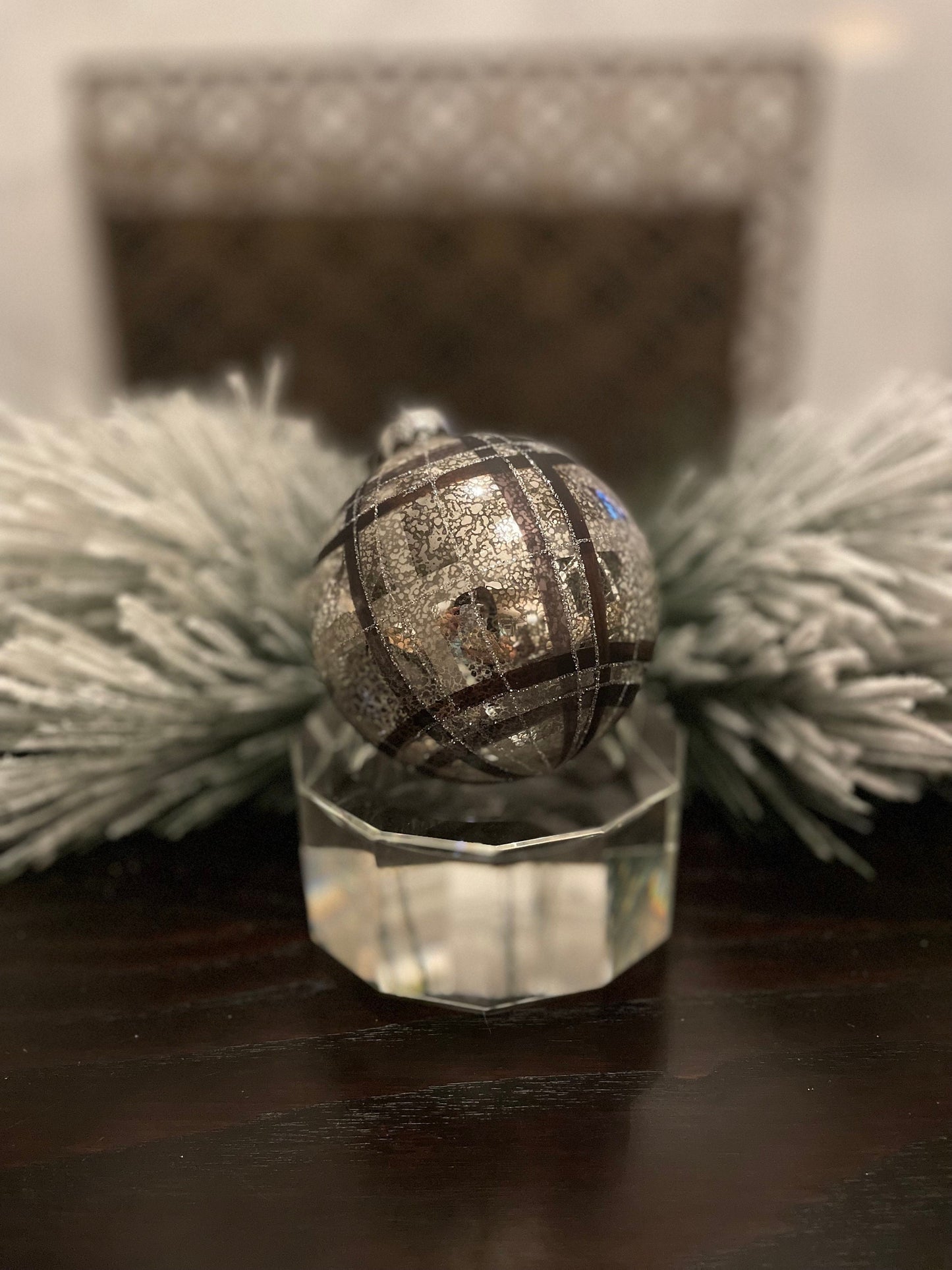 Set of 2. 4" mercury glass plaid ball ornament. Beautiful!
