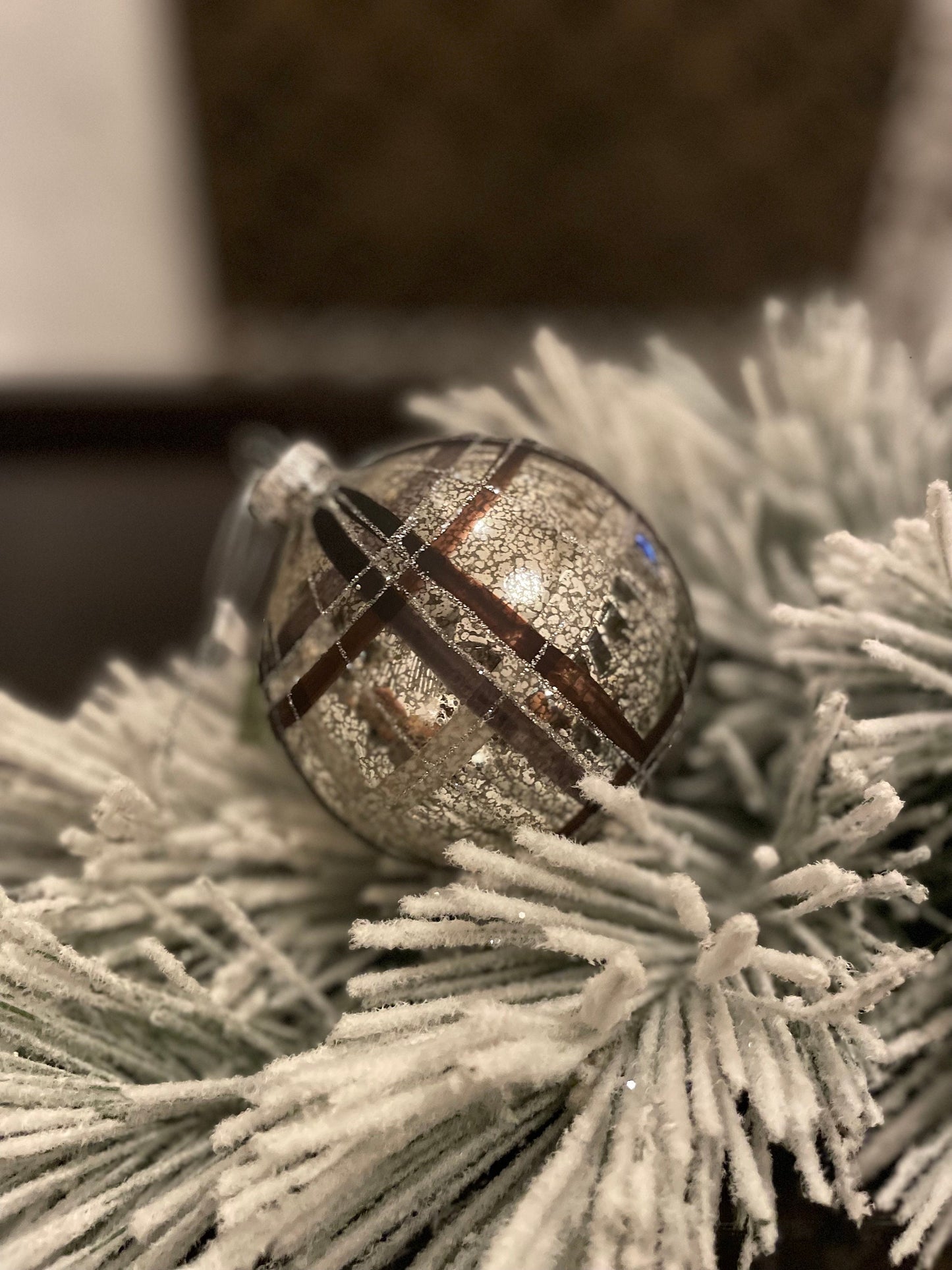 Set of 2. 4" mercury glass plaid ball ornament. Beautiful!