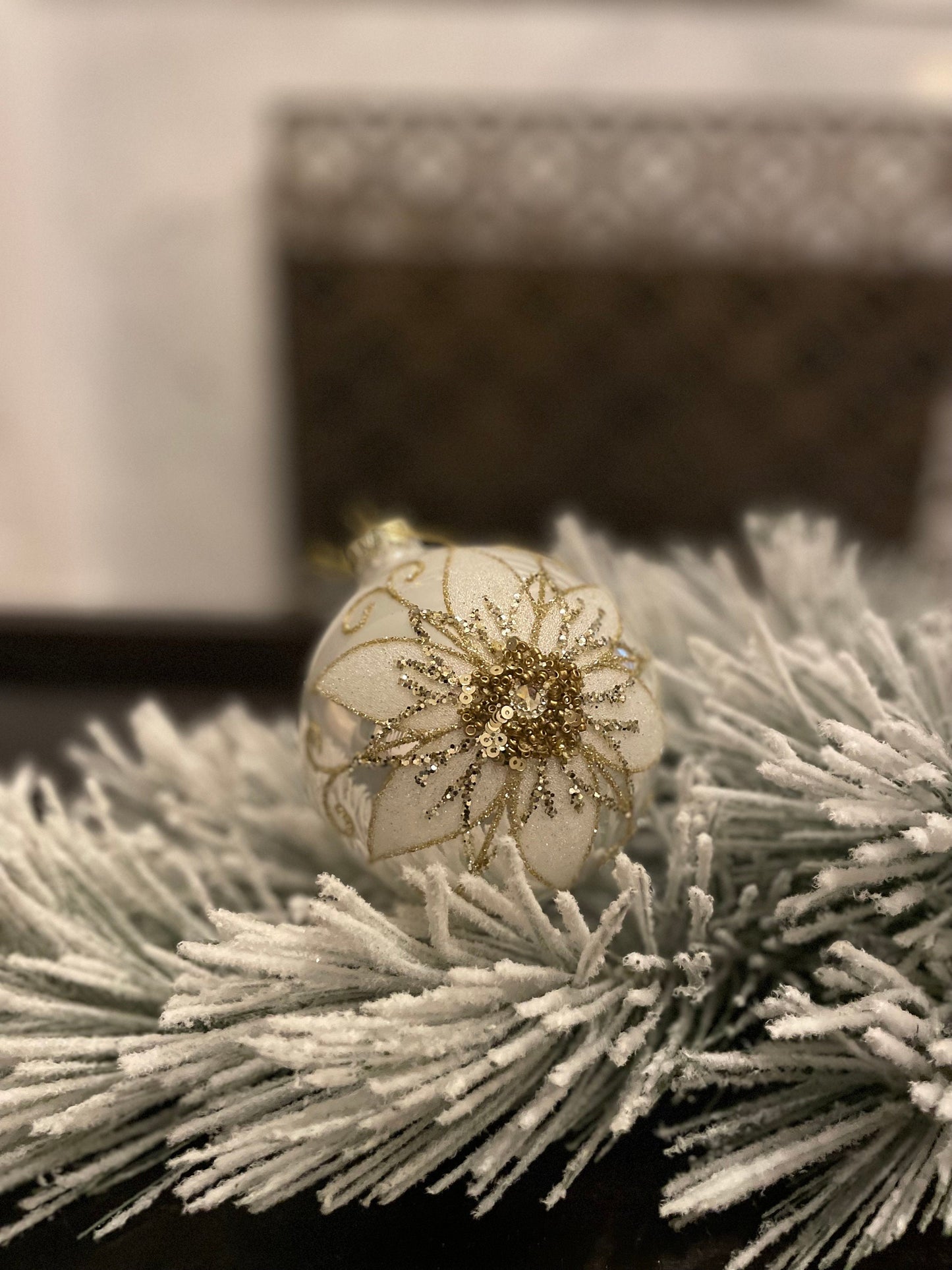 Set of 2. 4" glass beaded filigree floret ball ornament. Ivory and gold.