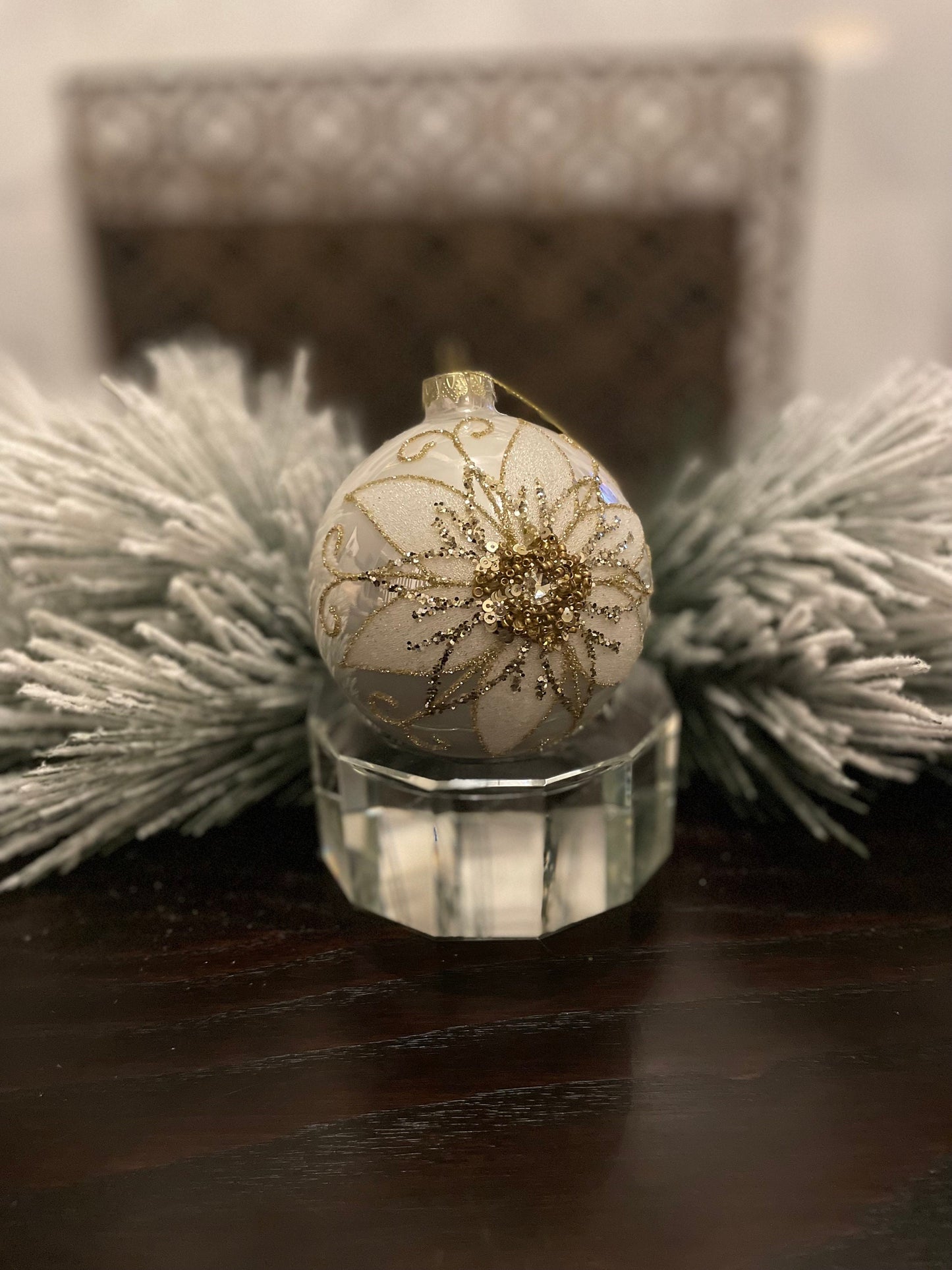 Set of 2. 4" glass beaded filigree floret ball ornament. Ivory and gold.