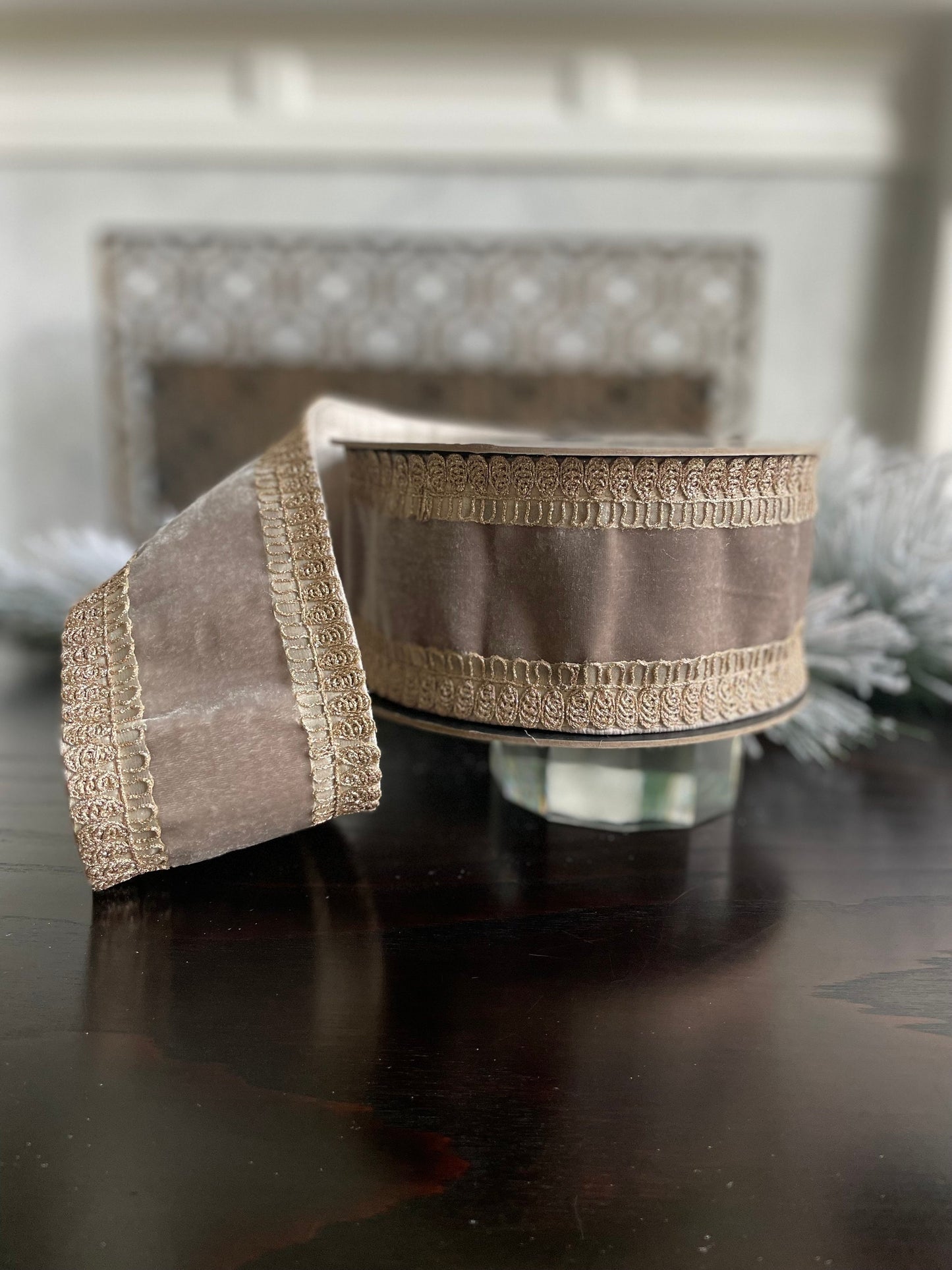 4” x 10 yds Designer velvet ribbon metallic rope embroidery side trim, platinum. Wired. D. Stevens.