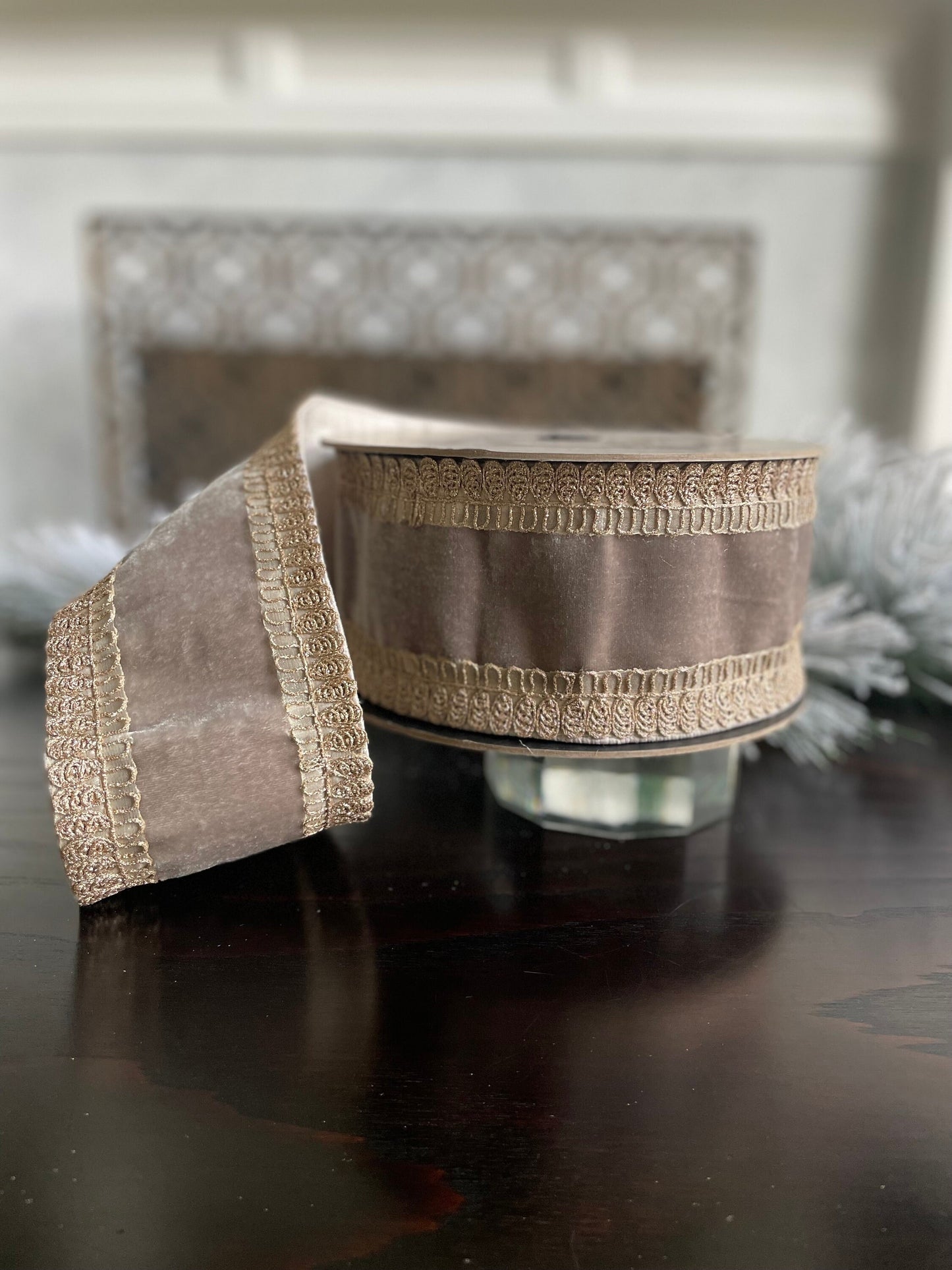 4” x 10 yds Designer velvet ribbon metallic rope embroidery side trim, platinum. Wired. D. Stevens.