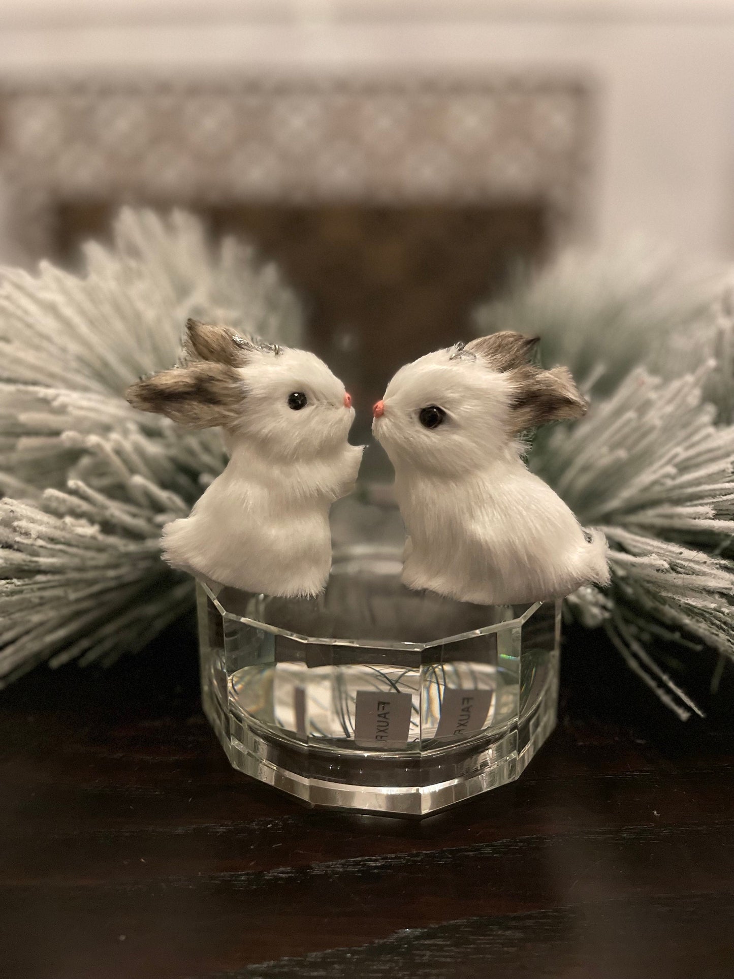 Set of 2. 3” furry rabbit ornament. Forest animal.