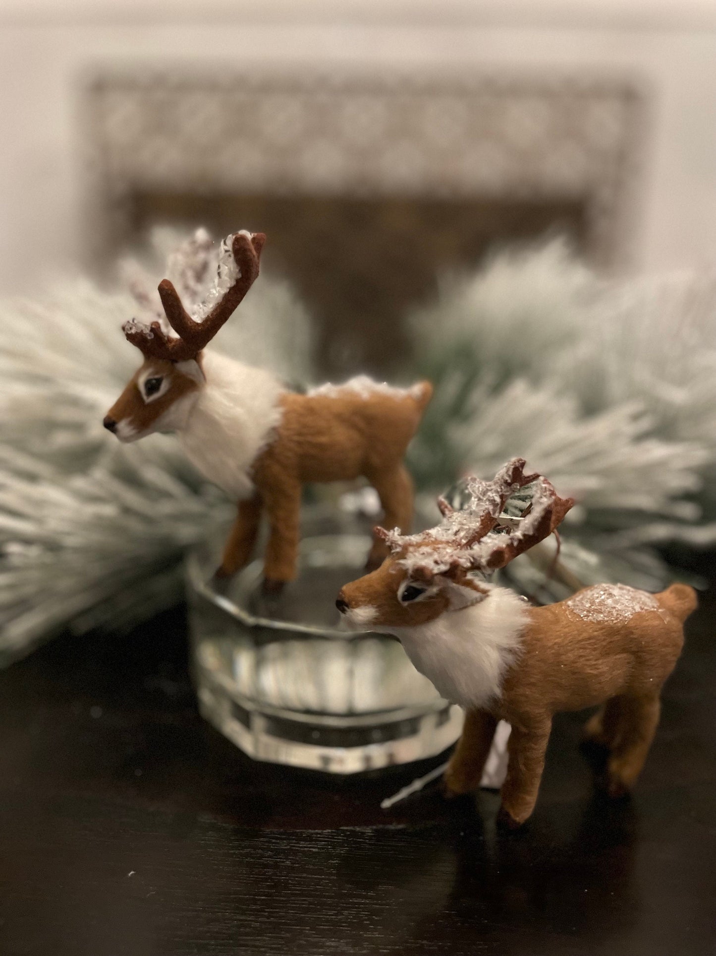 Set of 2. 4.5” faux fur deer ornament. Forest animal.
