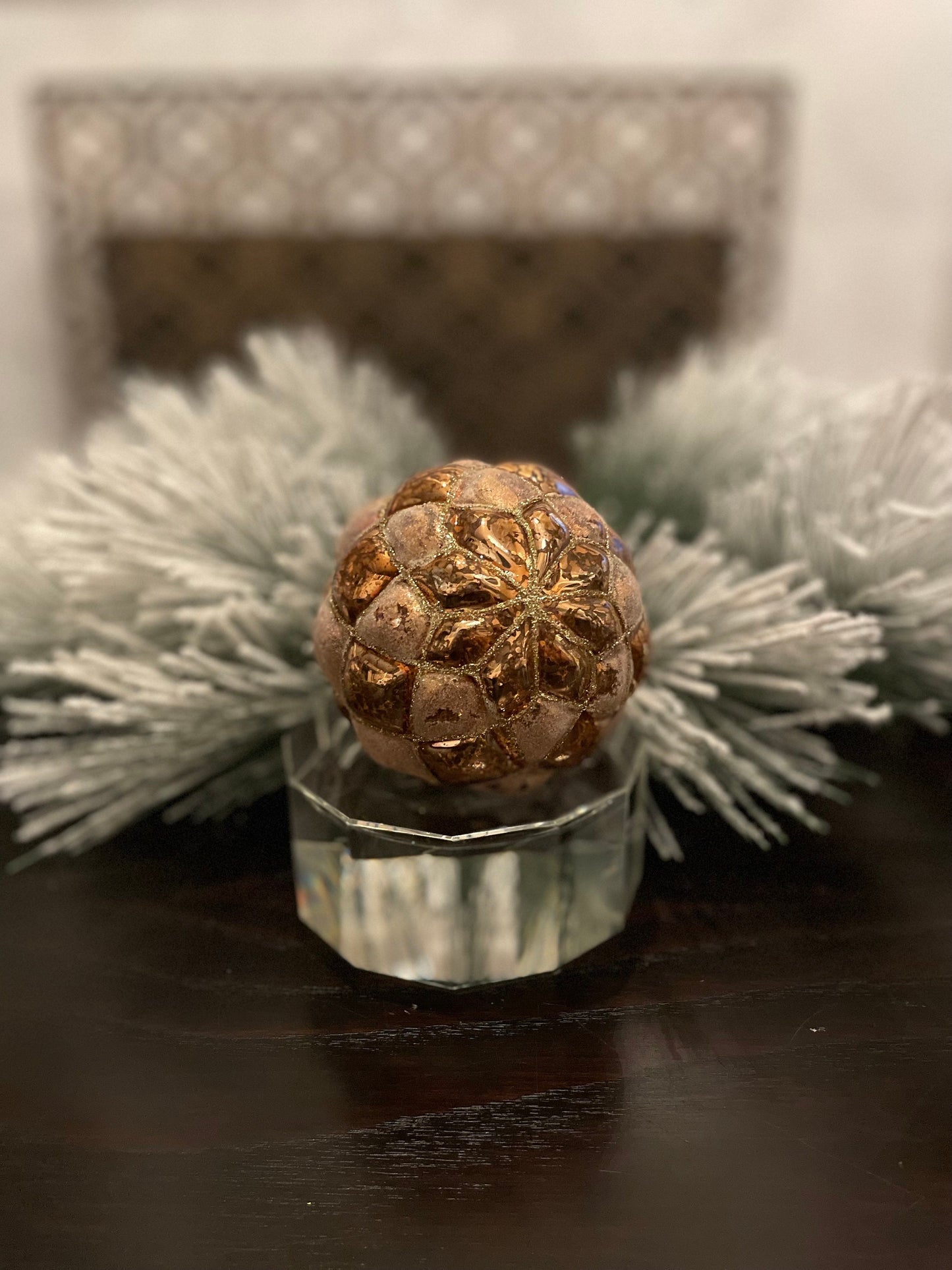 Set of 2. 4" glass tufted ball ornament. Cooper/brown.
