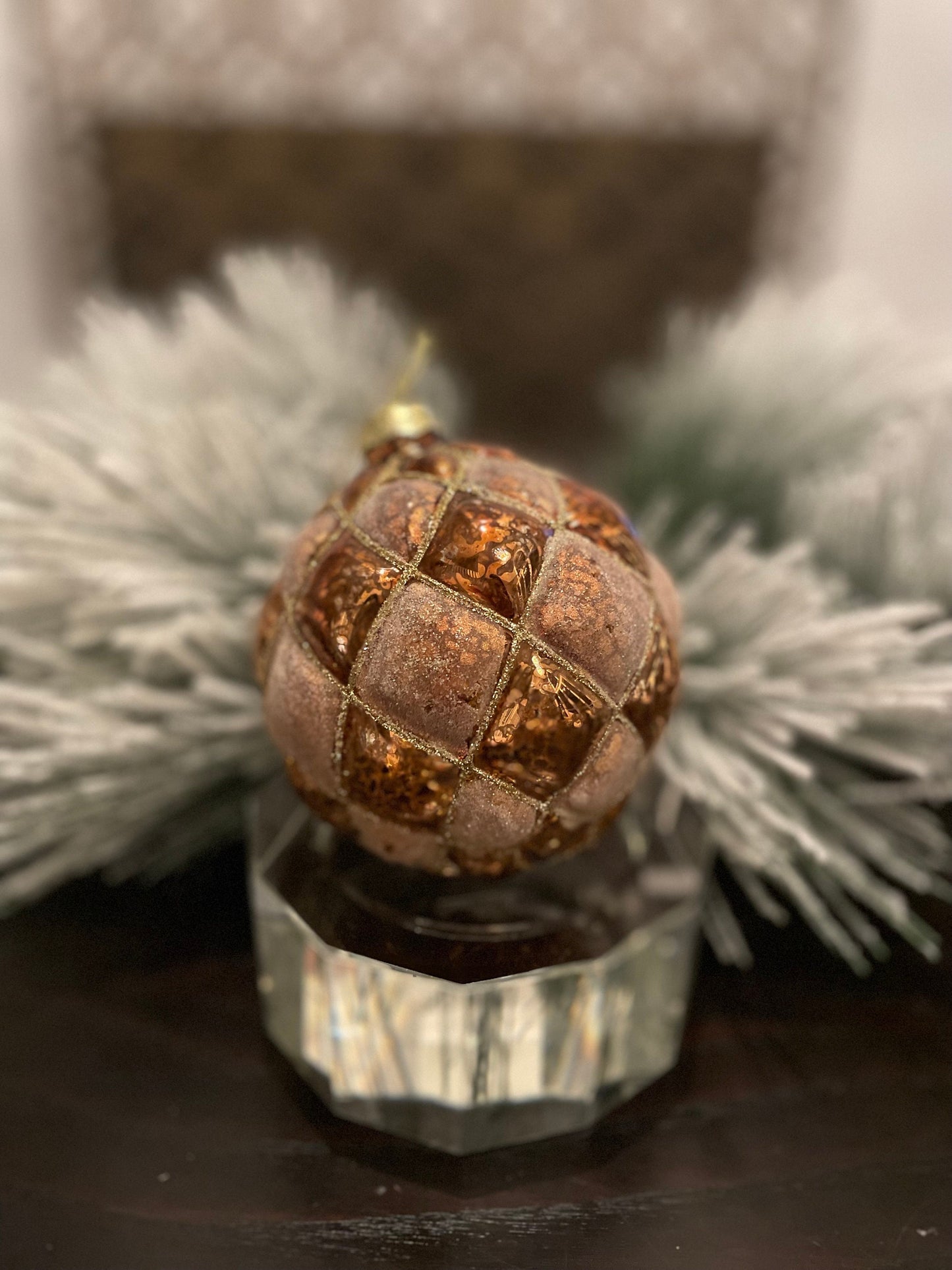 Set of 2. 4" glass tufted ball ornament. Cooper/brown.