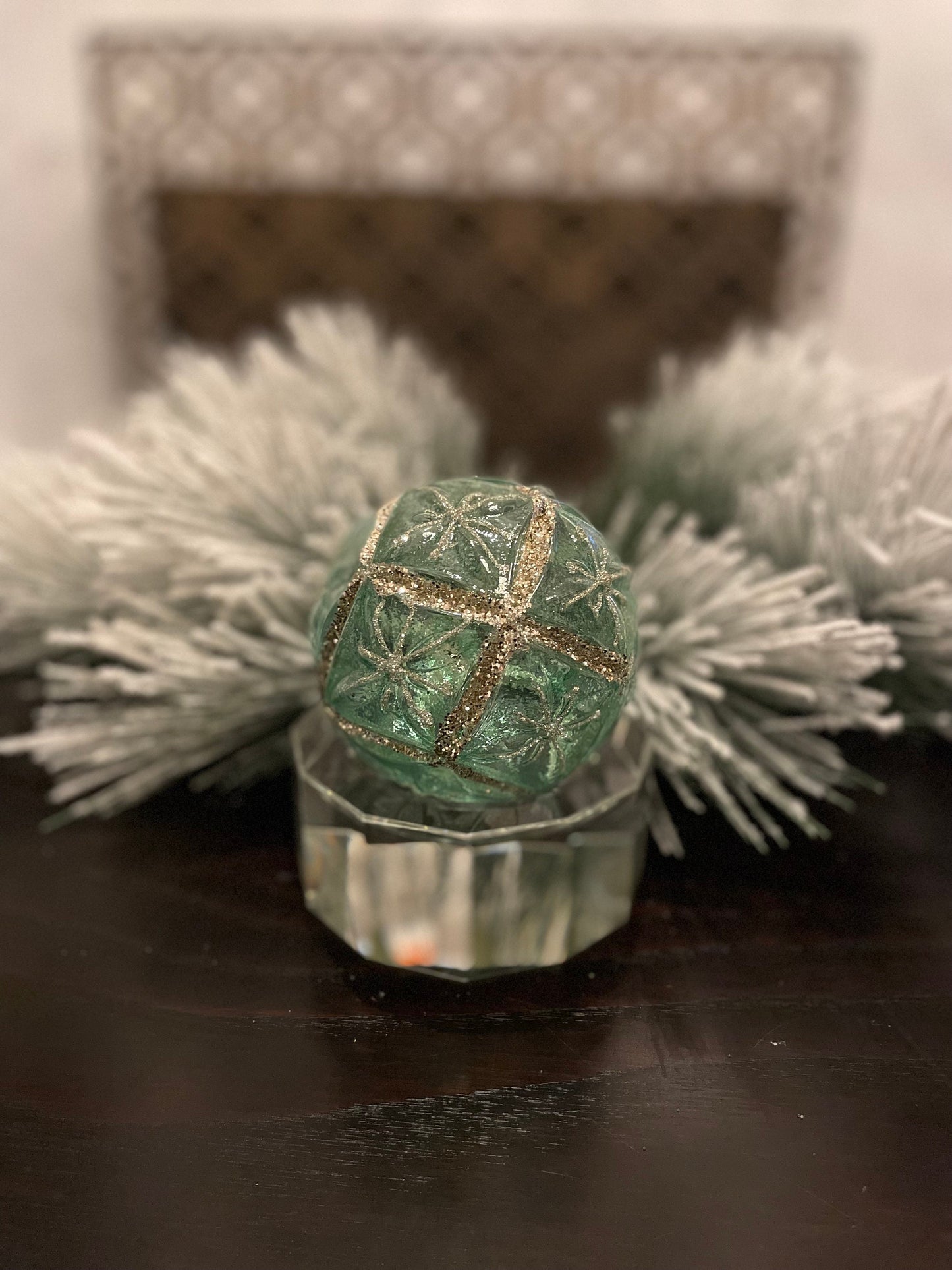 Set of 2. 4" glass clear starburst. Aqua and gold.