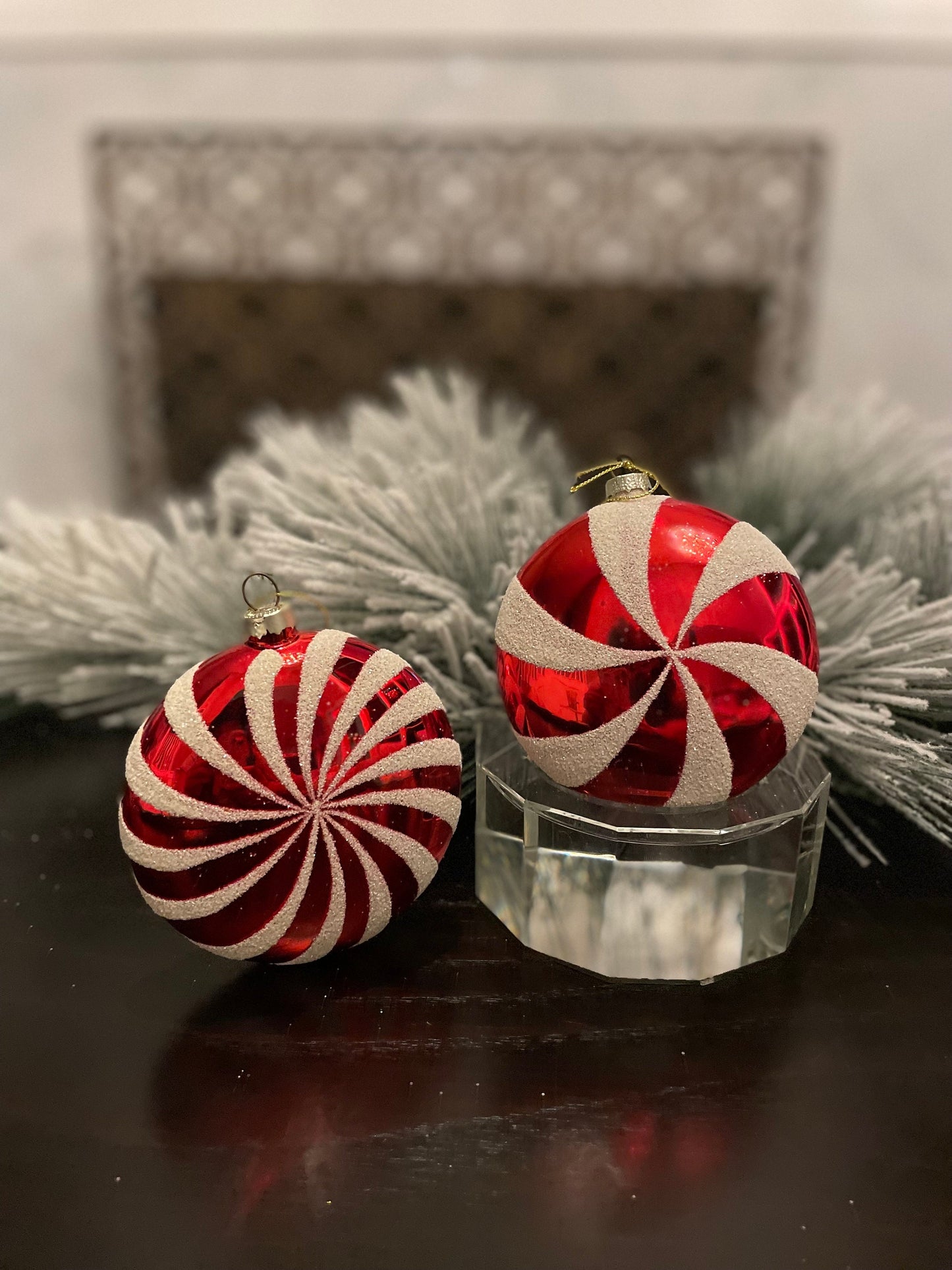 Set of 2. 4" glass peppermint candy disk ornament. Red