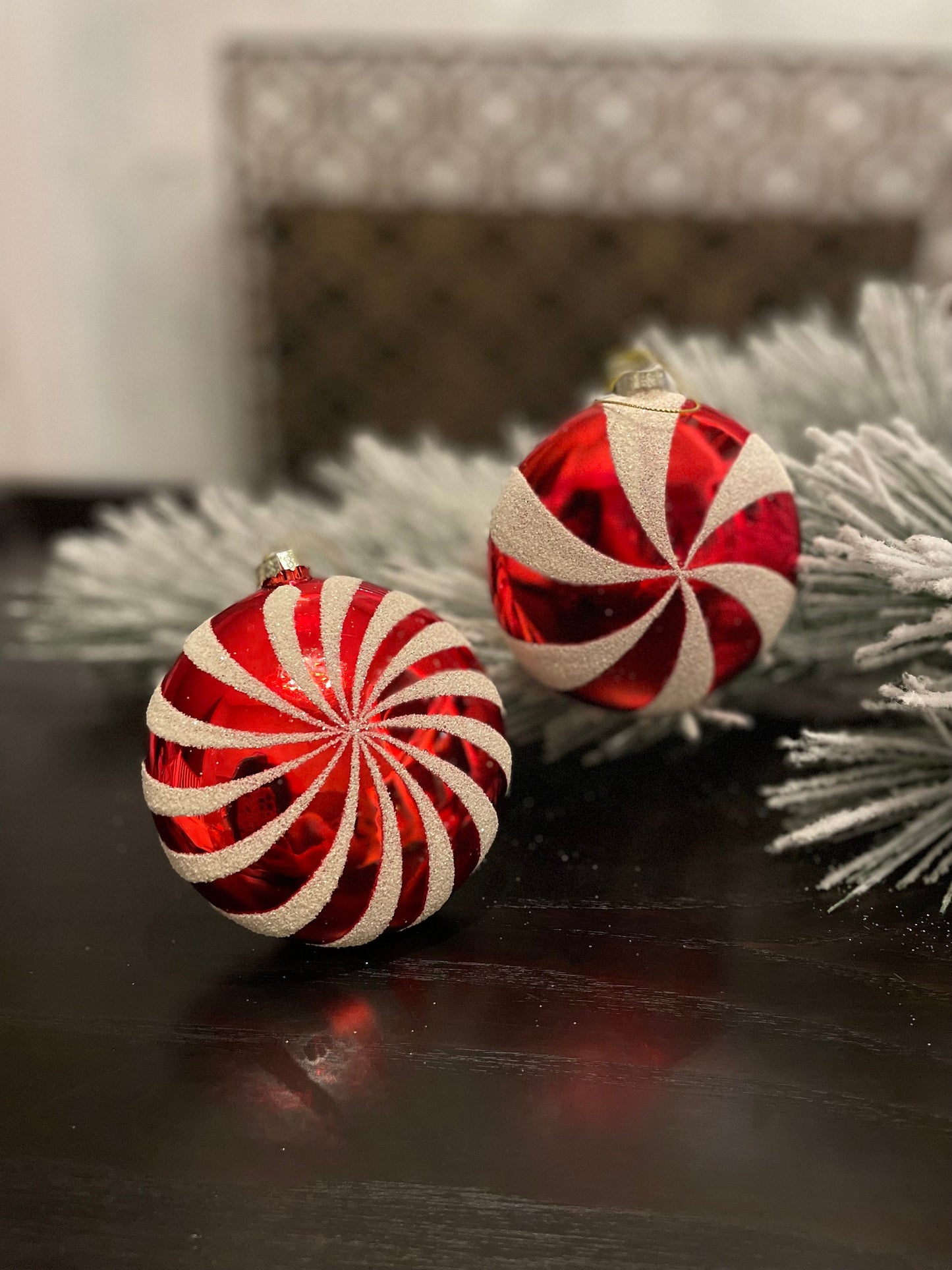 Set of 2. 4" glass peppermint candy disk ornament. Red