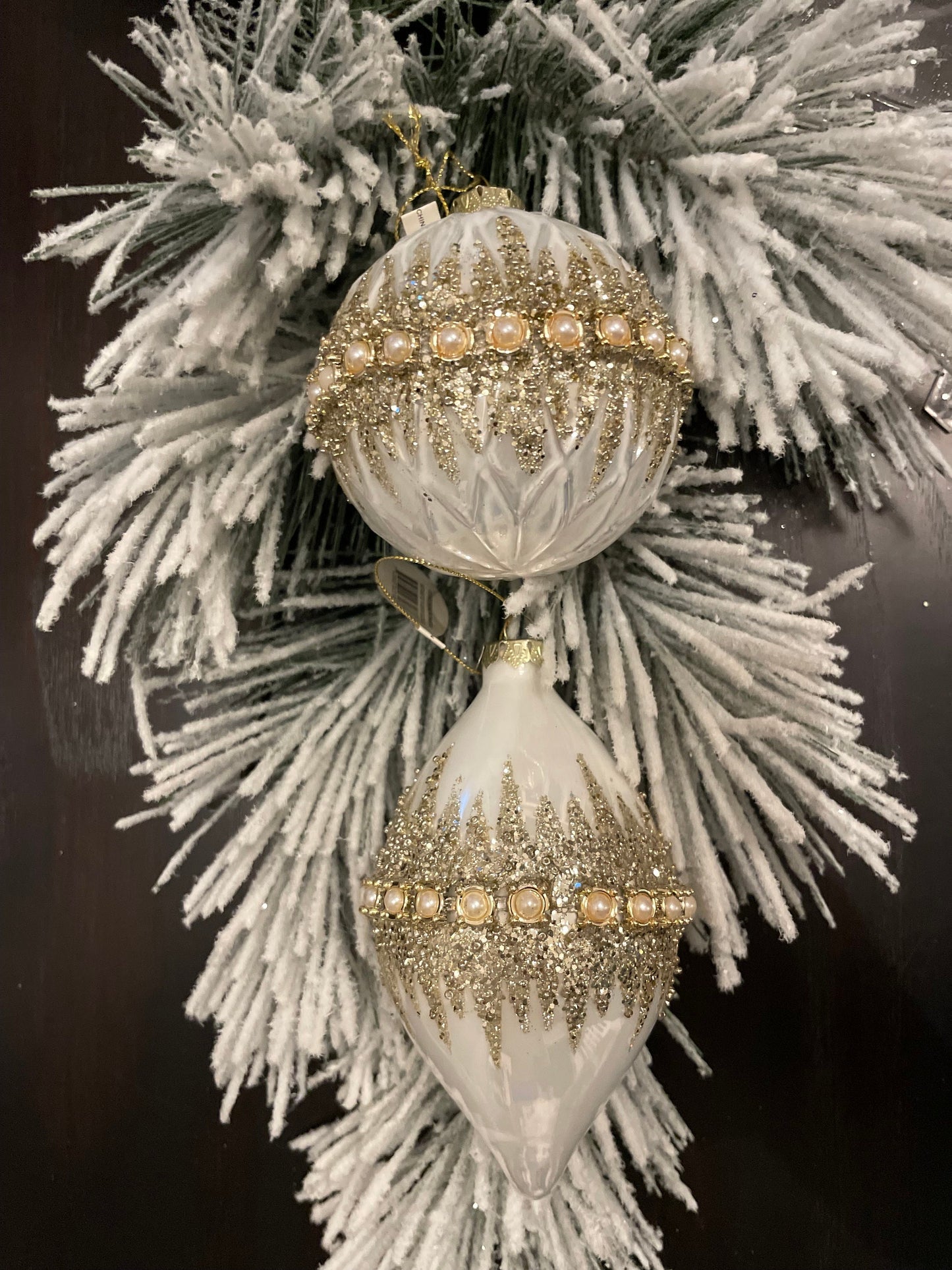 Set of 2. 4”-6" Glass beaded pearl ball/finial ornament. Set of 2. Ivory and gold.