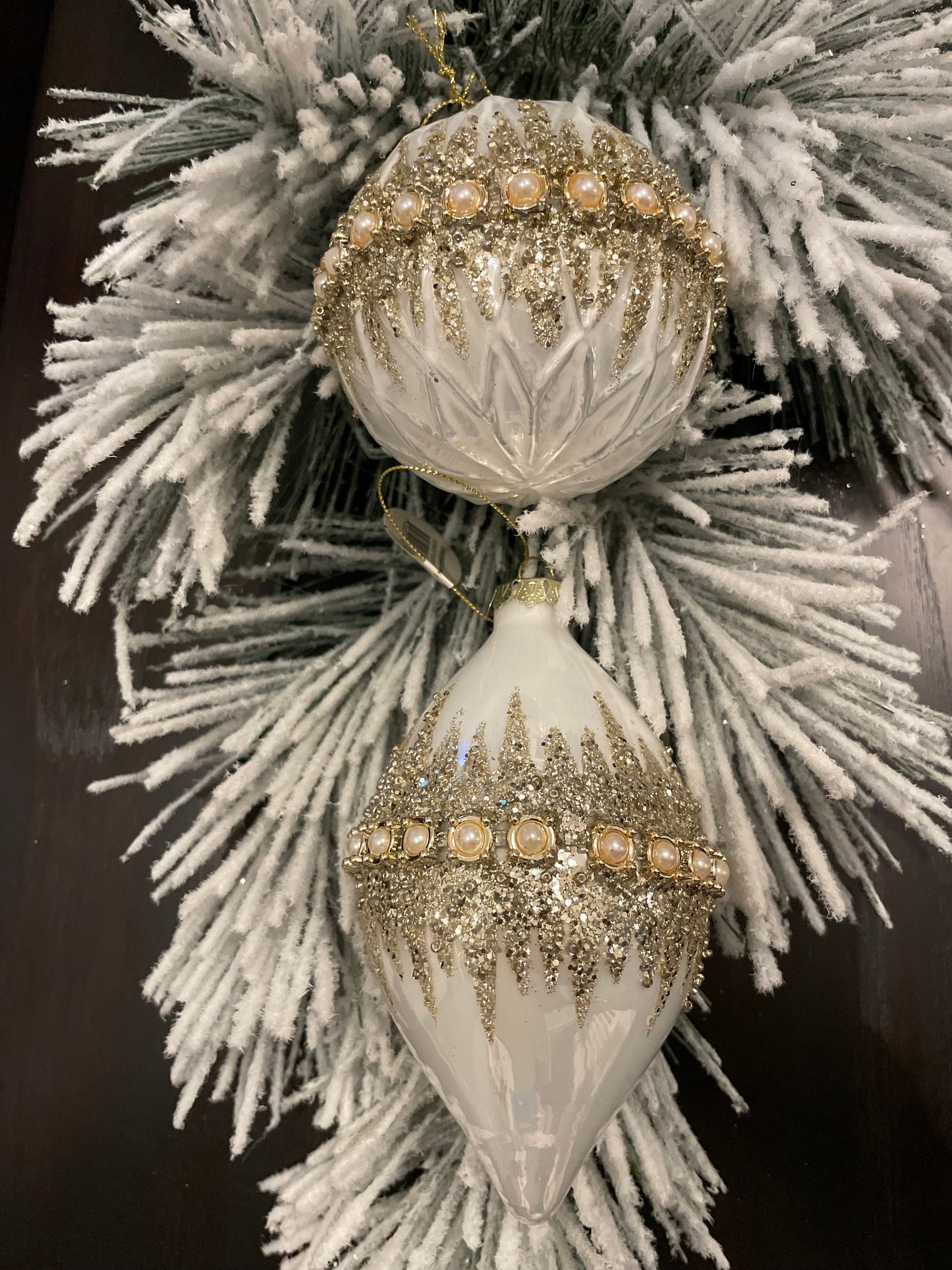 Set of 2. 4”-6" Glass beaded pearl ball/finial ornament. Set of 2. Ivory and gold.