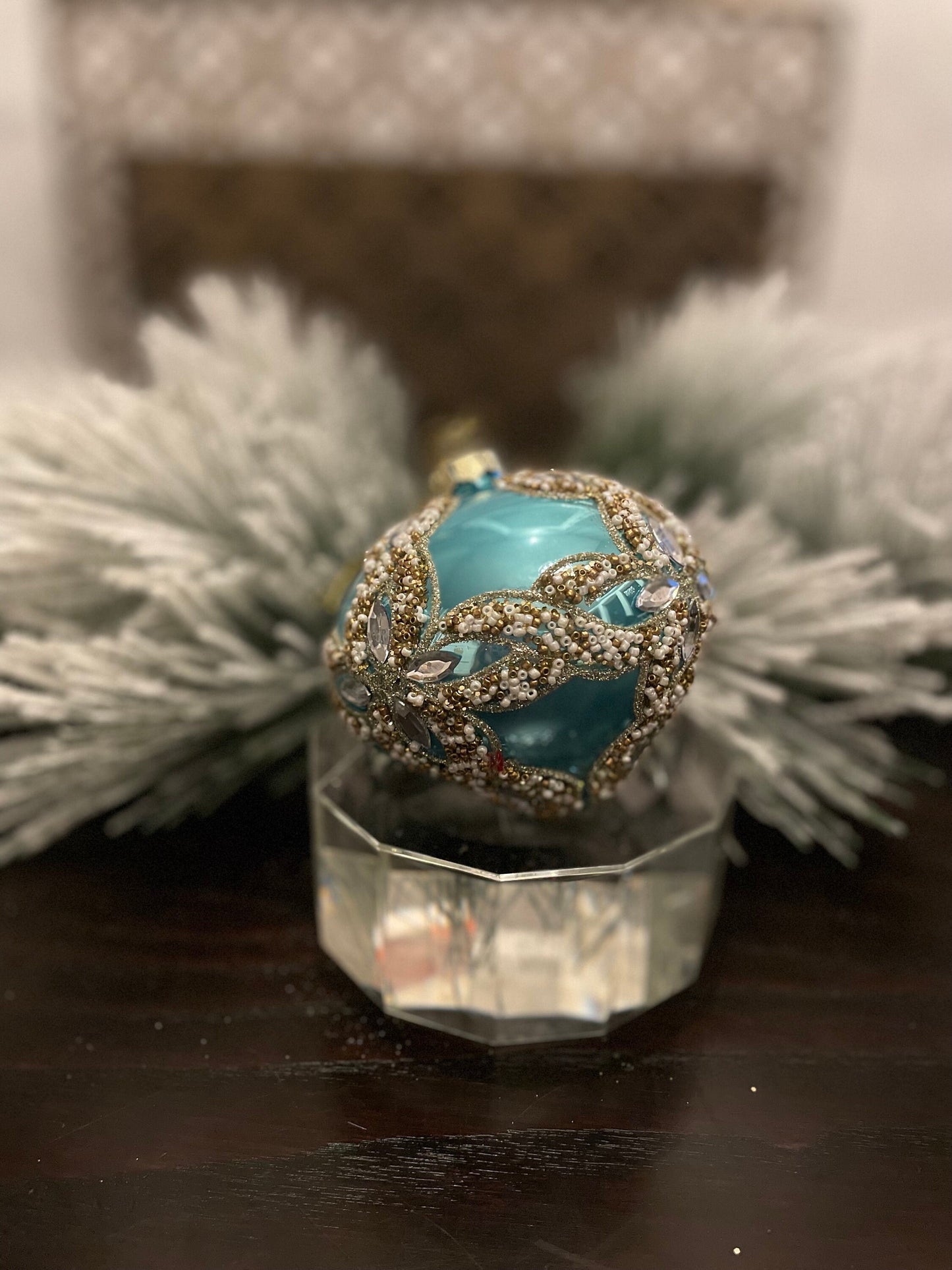 Set of 2. 4” glass beaded jewel trinity onion ornament. Aqua and silver.