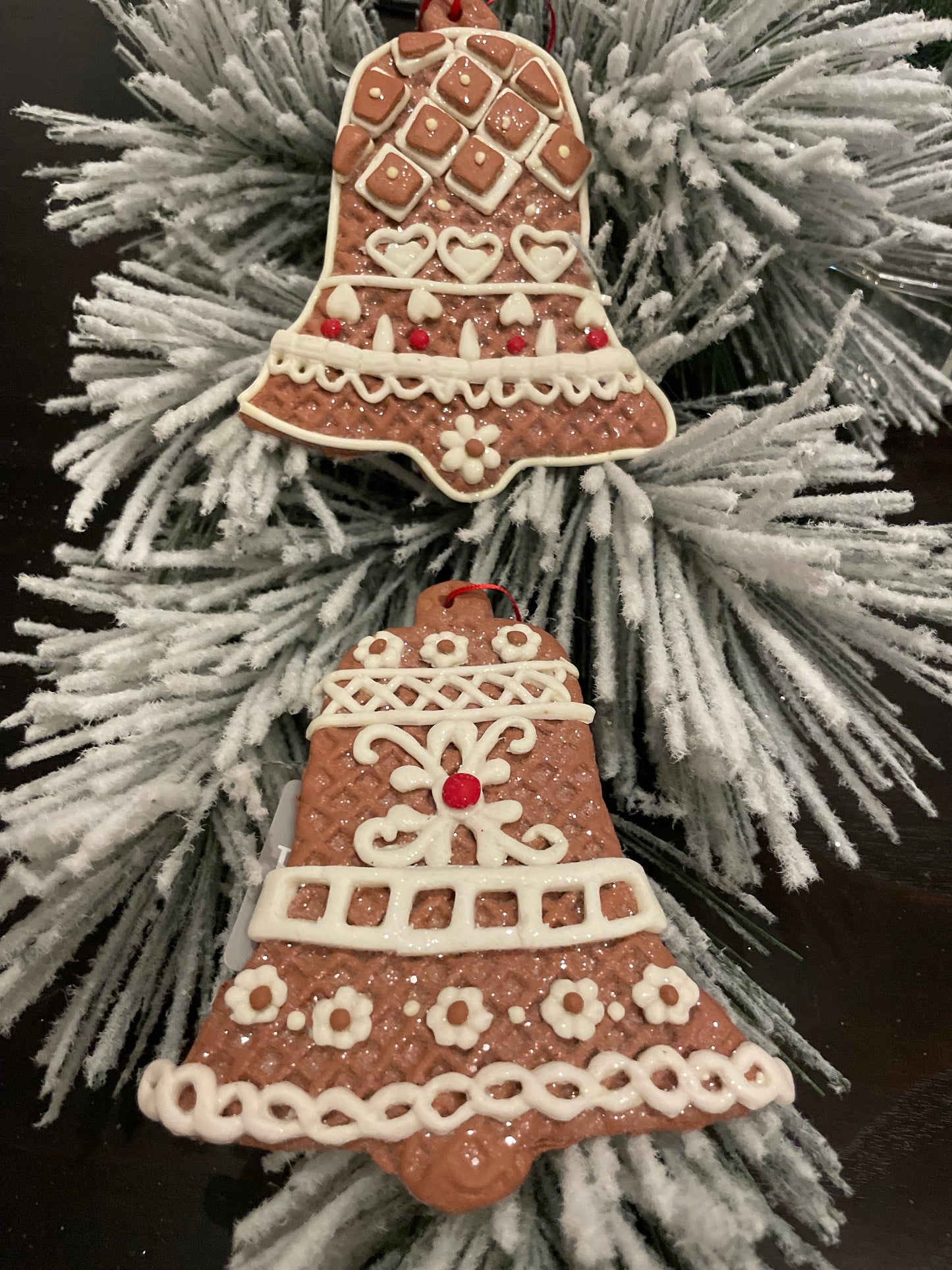 SET of 2. 4" Frosty Gingerbread bell ornament.