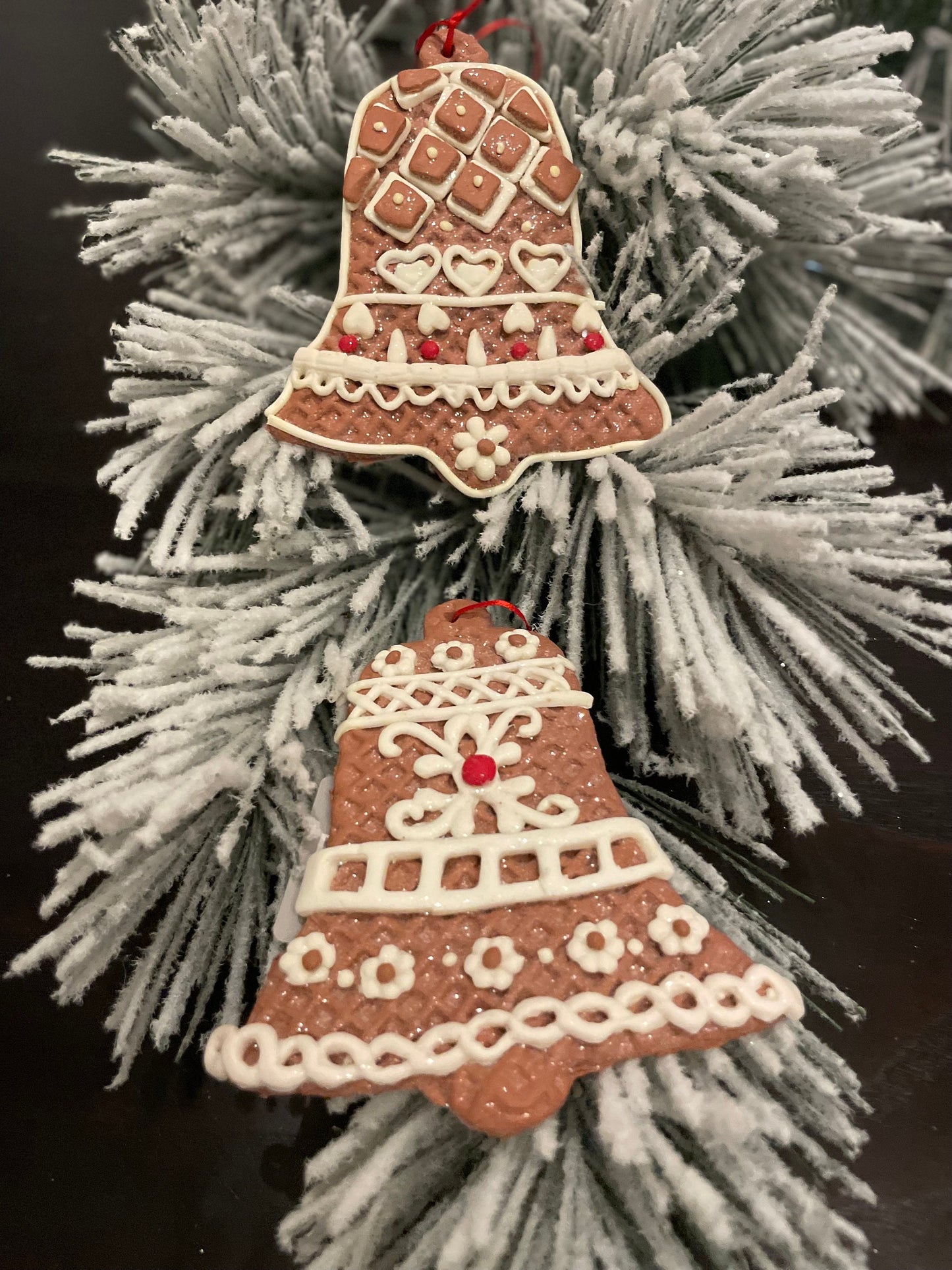 SET of 2. 4" Frosty Gingerbread bell ornament.