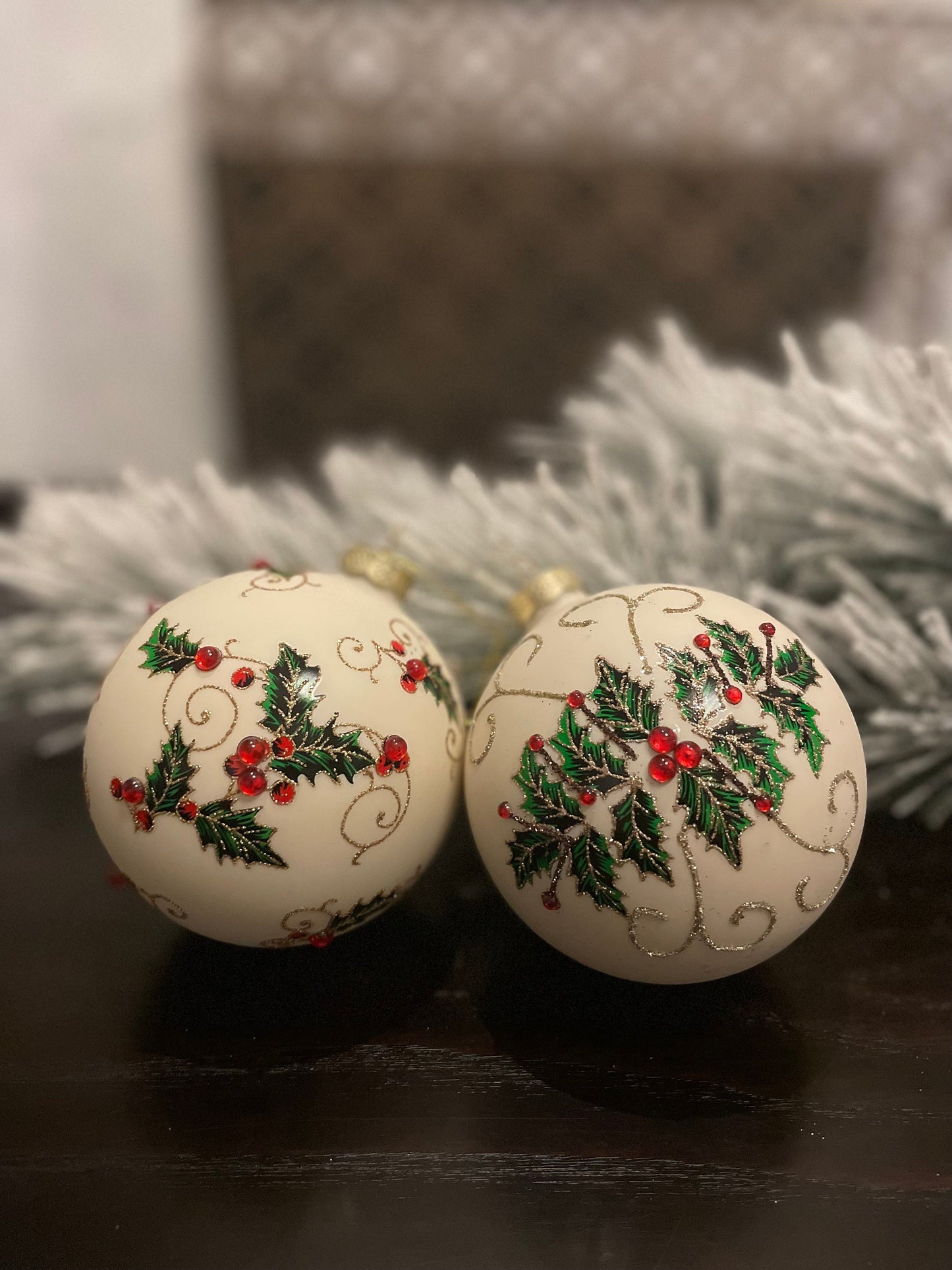Set of 2. 4" Glass jewel holly vine ball ornament.