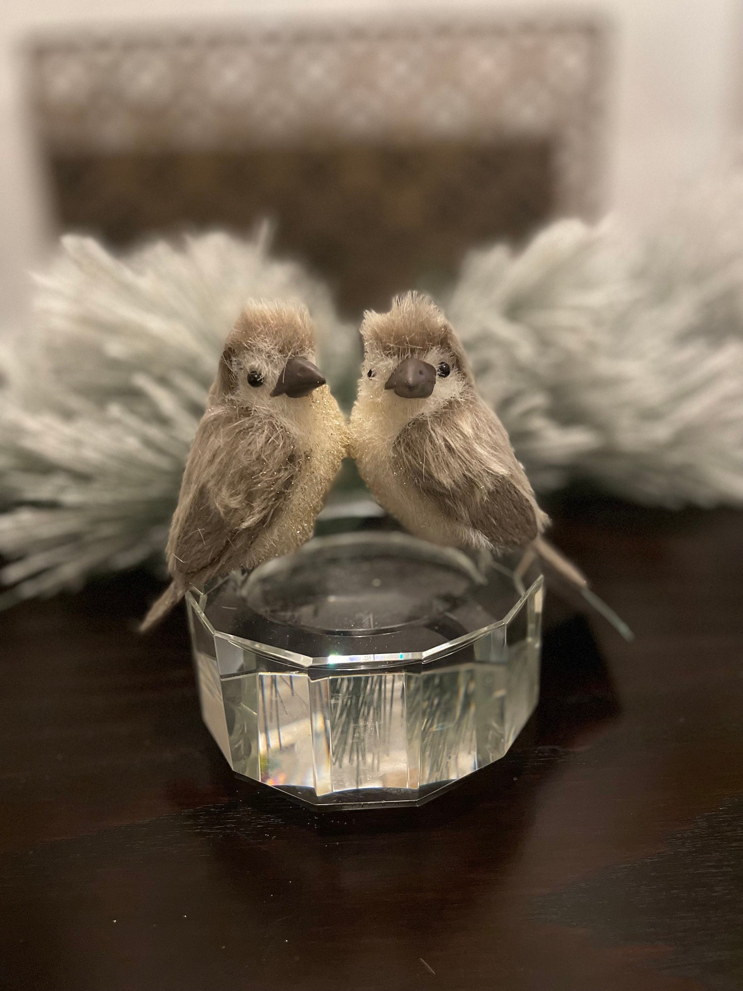 Set of 2. 4” Fabric and faux fur glitter bird clip ornament.