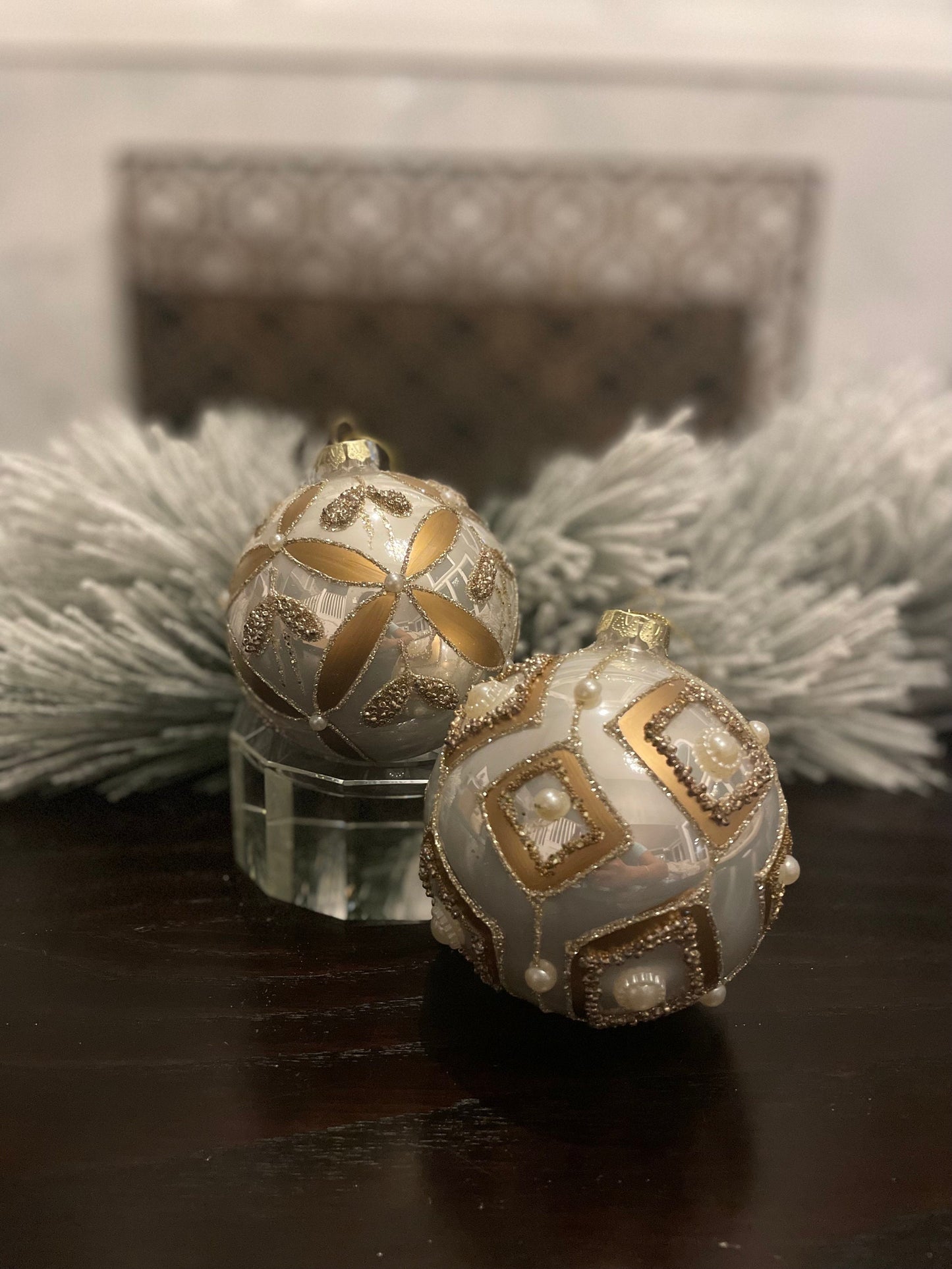 Set of 2. 4" glass gilded regal ornament.