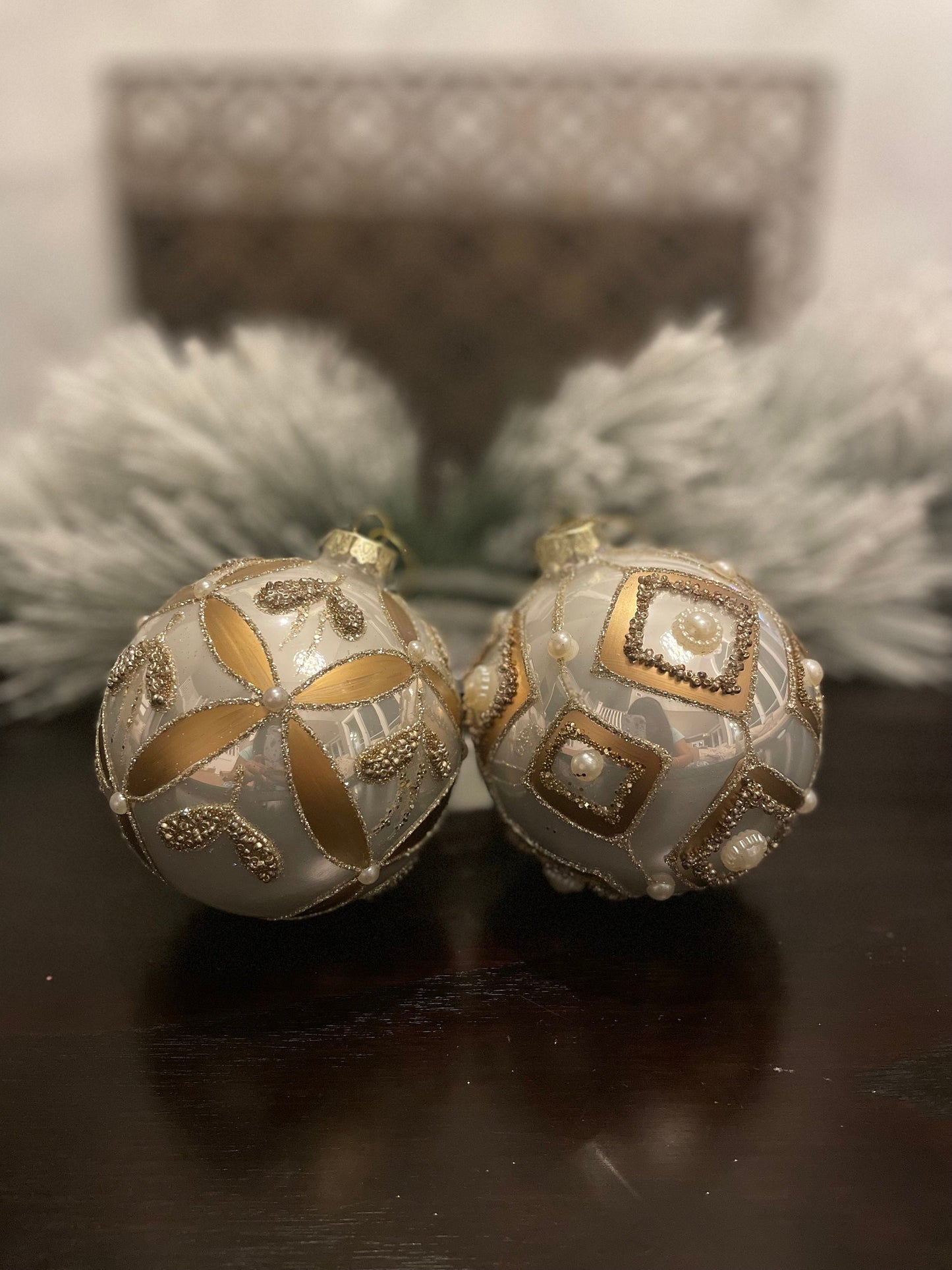 Set of 2. 4" glass gilded regal ornament.