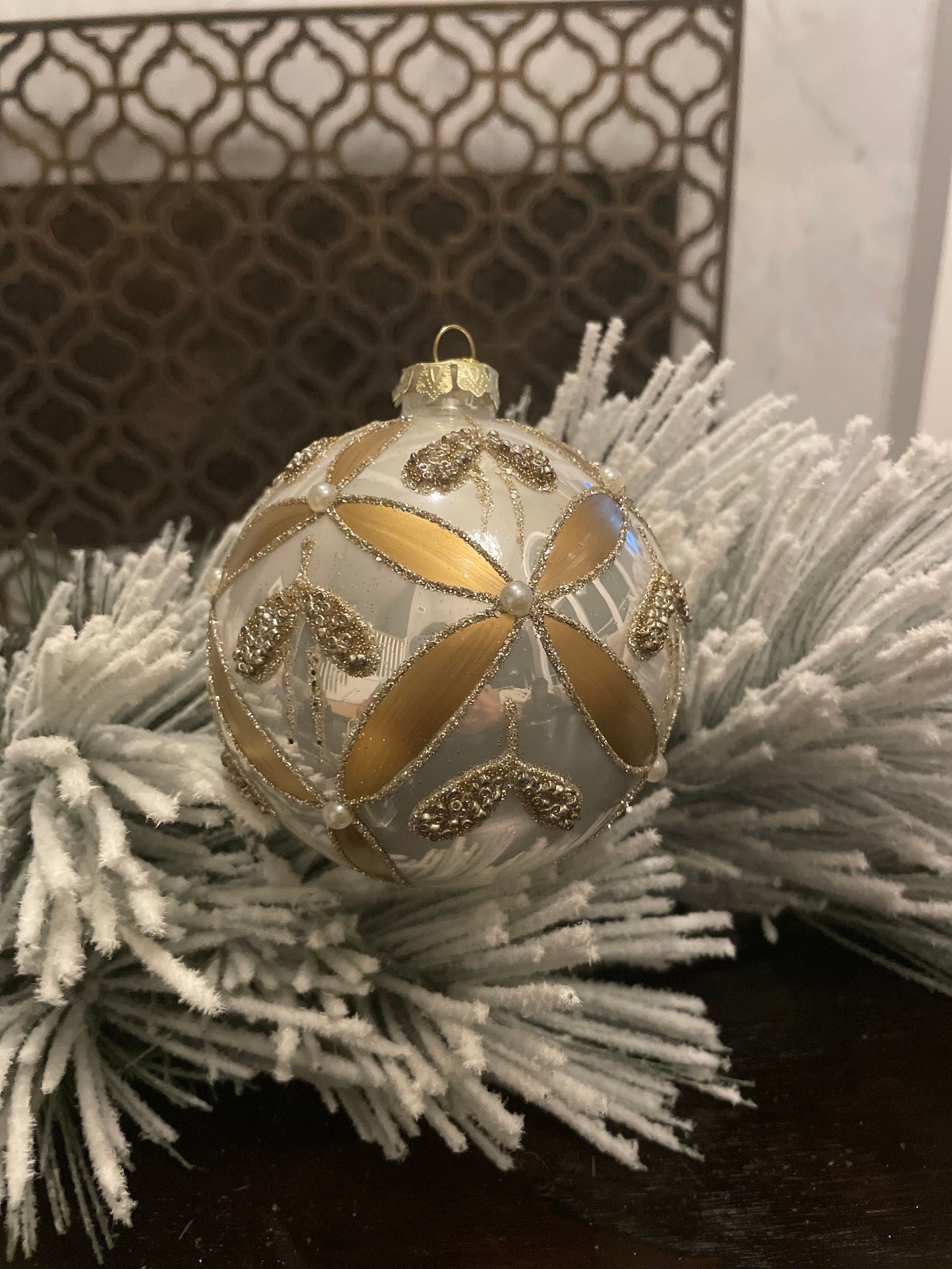 Set of 2. 4" glass gilded regal ornament.