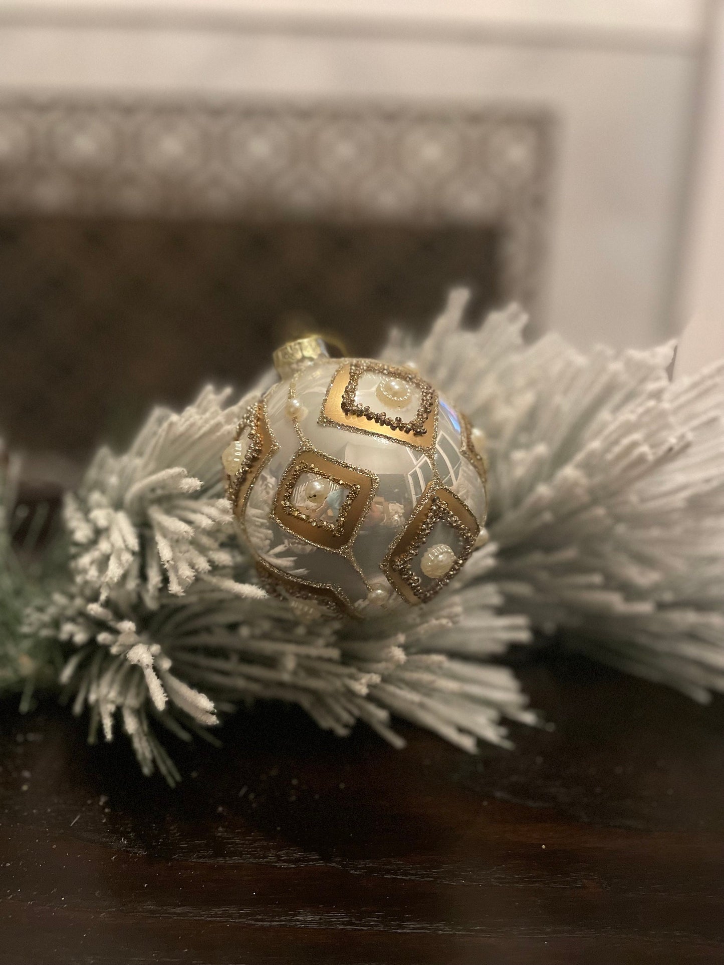 Set of 2. 4" glass gilded regal ornament.