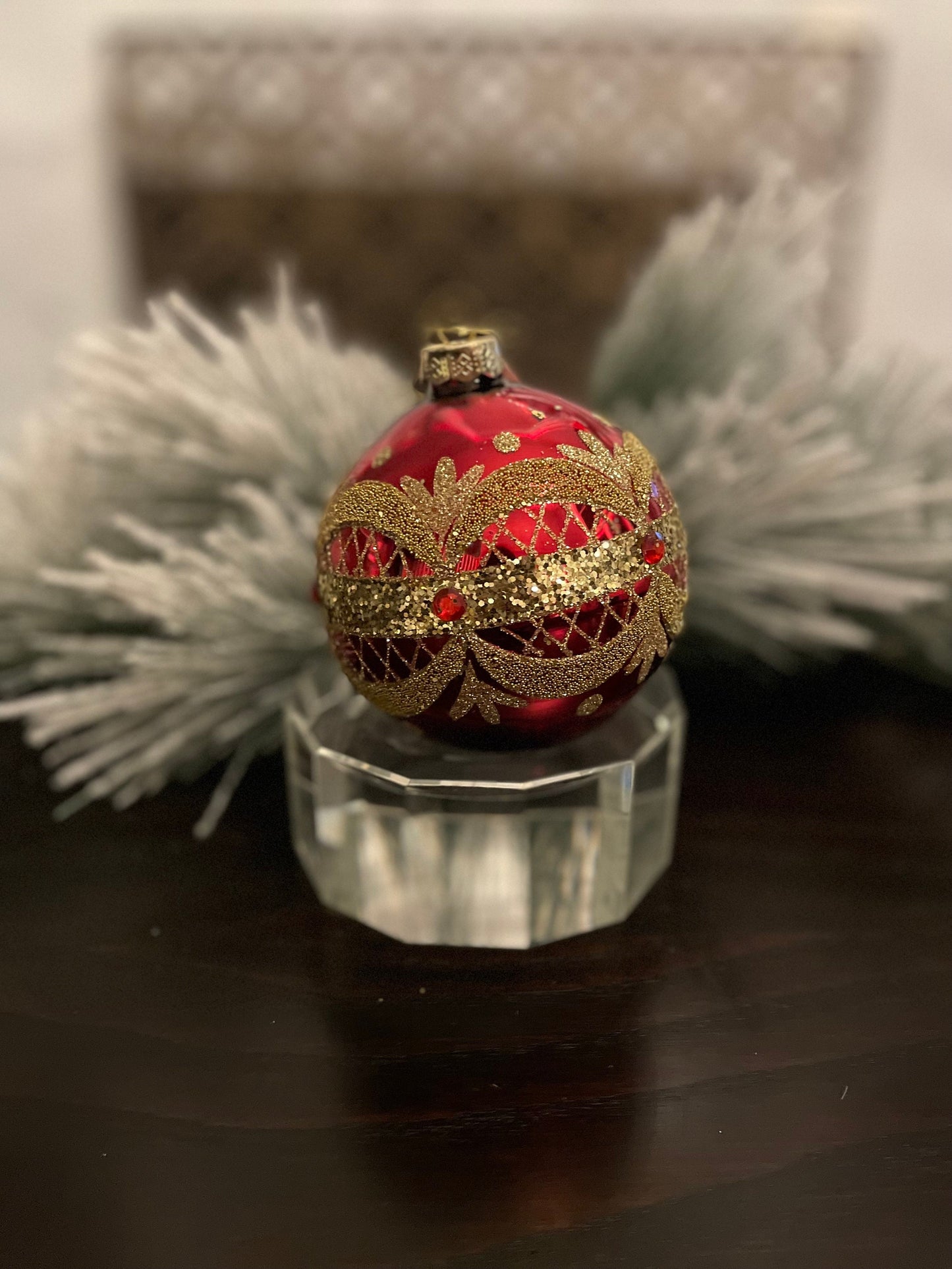 Set of 2. 4" Glass garland draped ball and finial ornament.