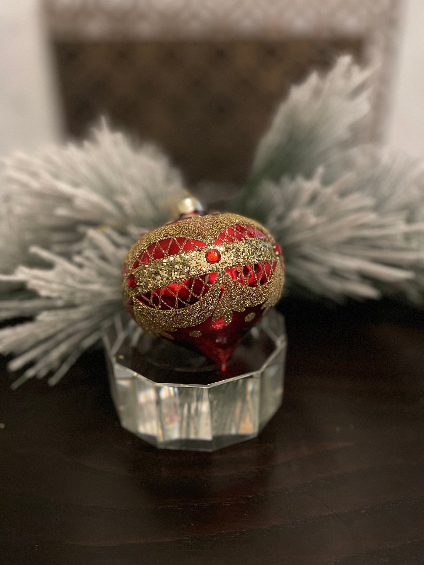 Set of 2. 4" Glass garland draped ball and finial ornament.